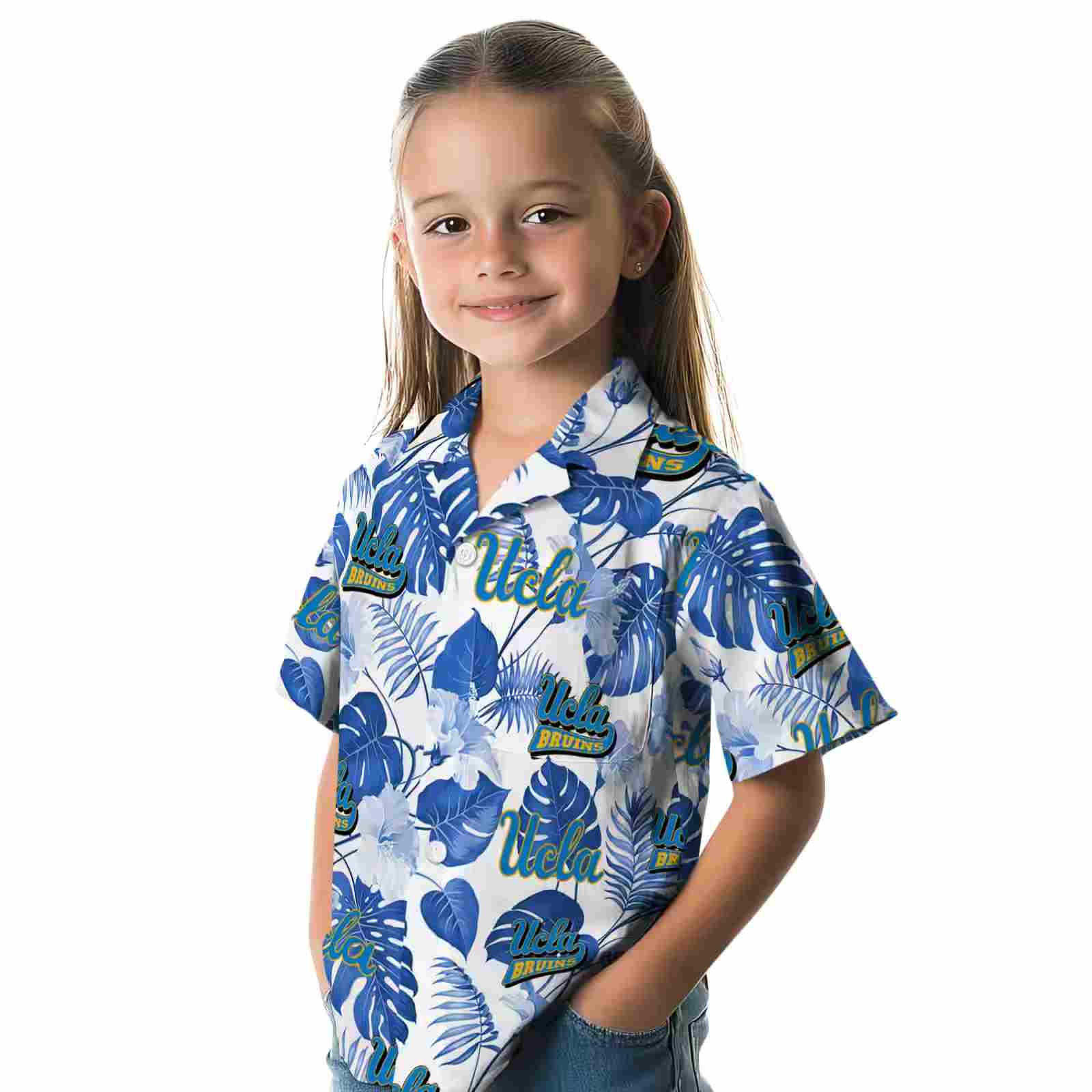 ucla bruins tropical plants blue white hawaiian shirt premium grade