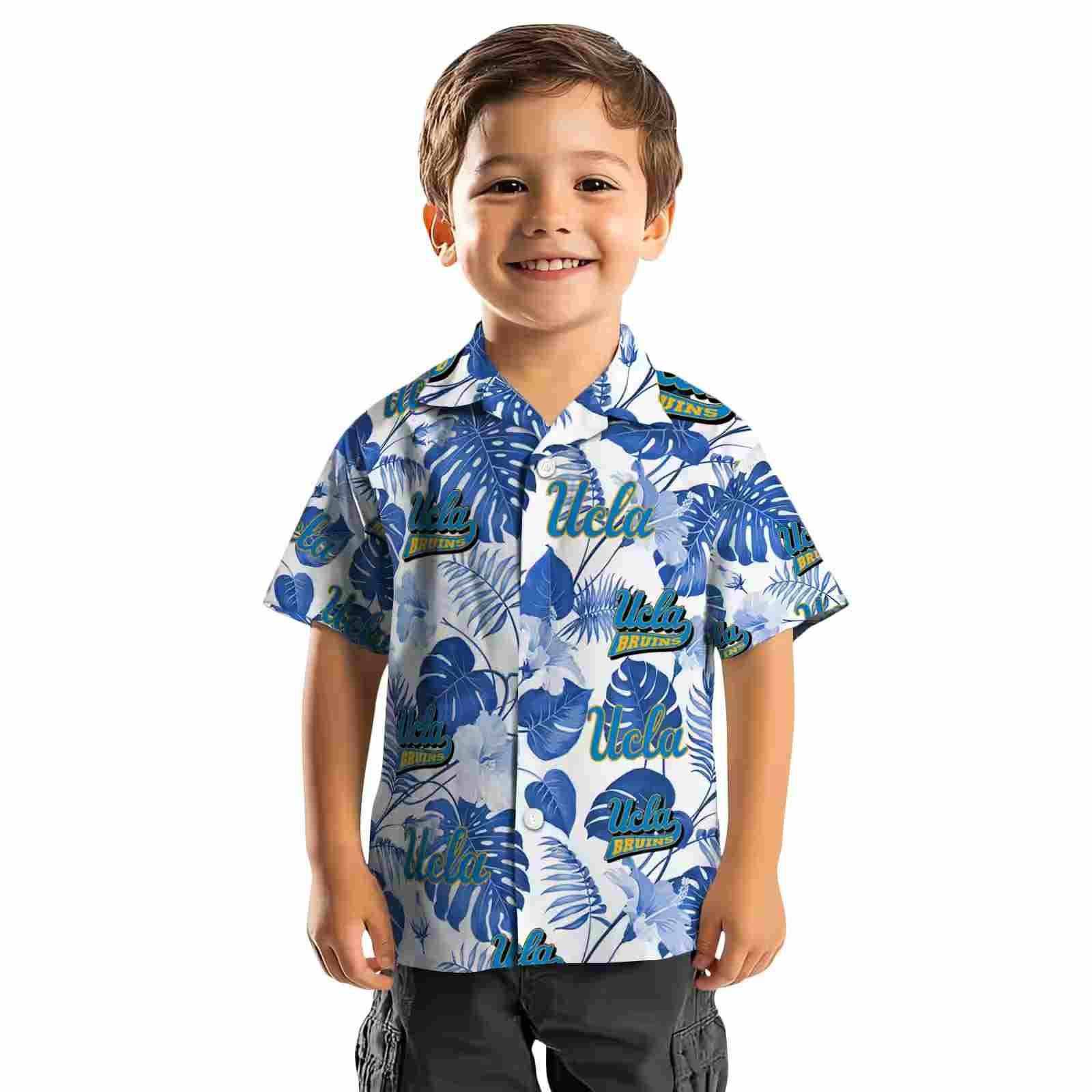 ucla bruins tropical plants blue white hawaiian shirt top rated