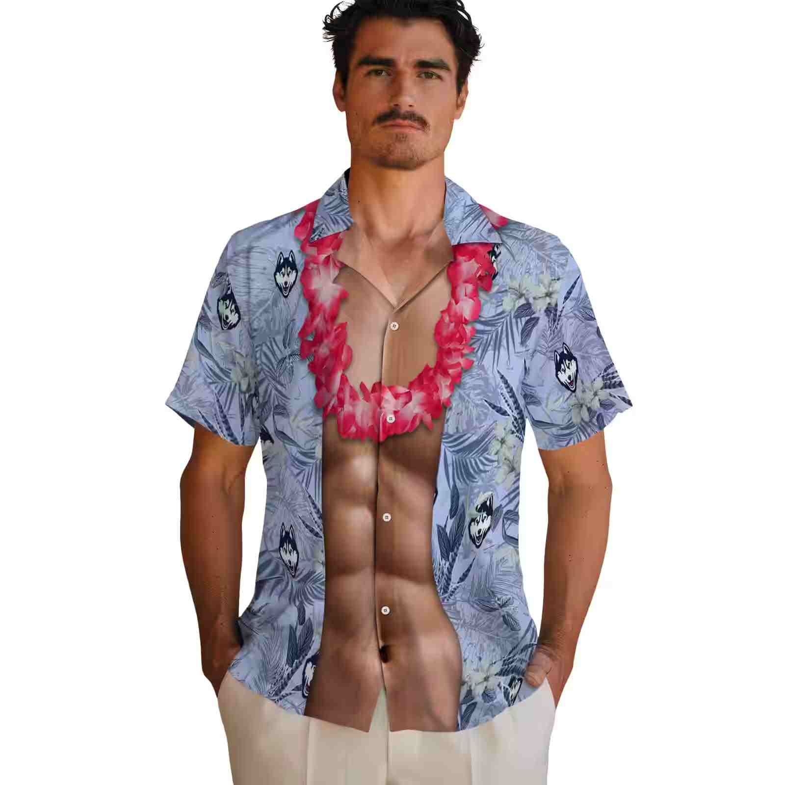 uconn huskies chest illusion blue hawaiian shirt fashion forward