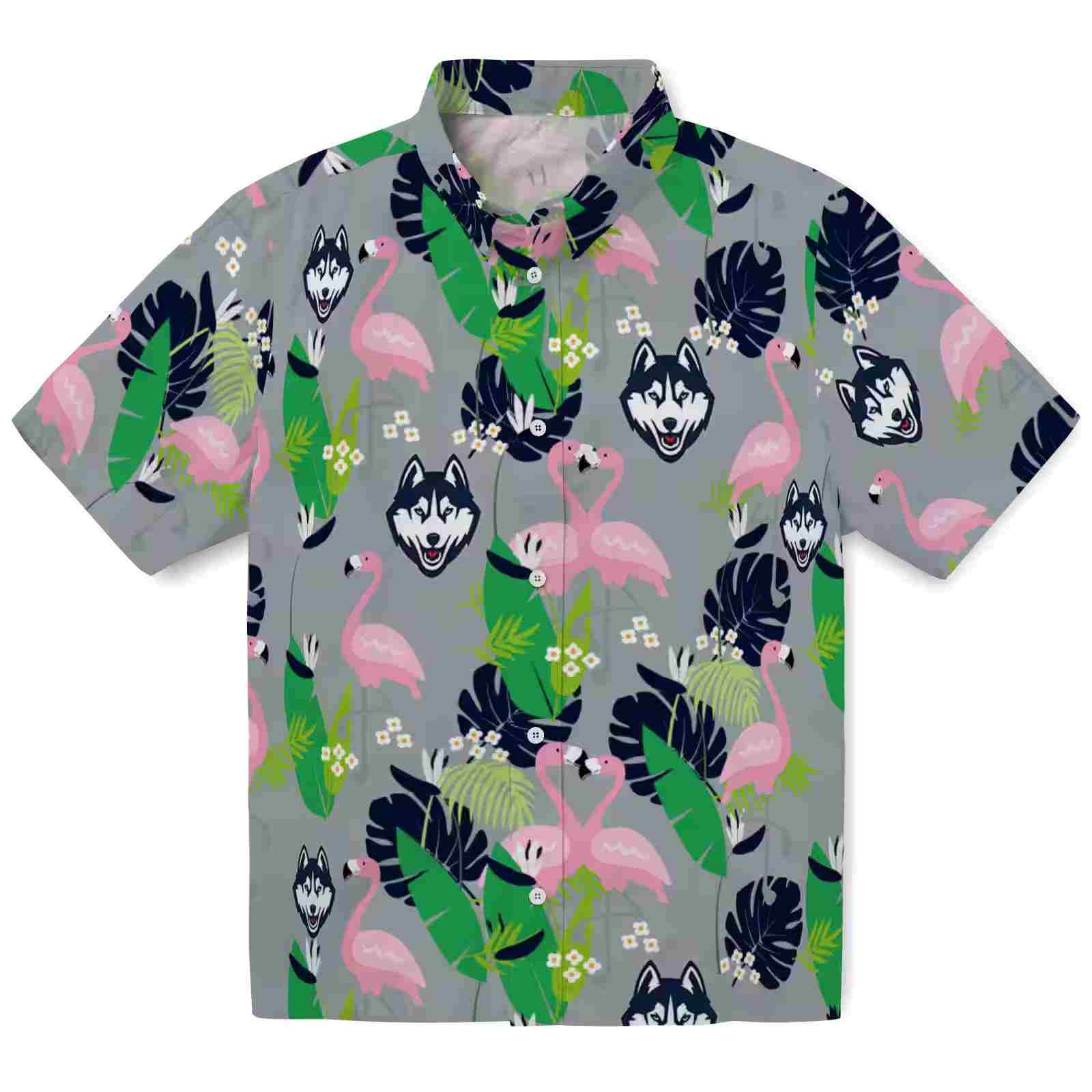 UConn Huskies Flamingo Foliage Blue Green Hawaiian Shirt