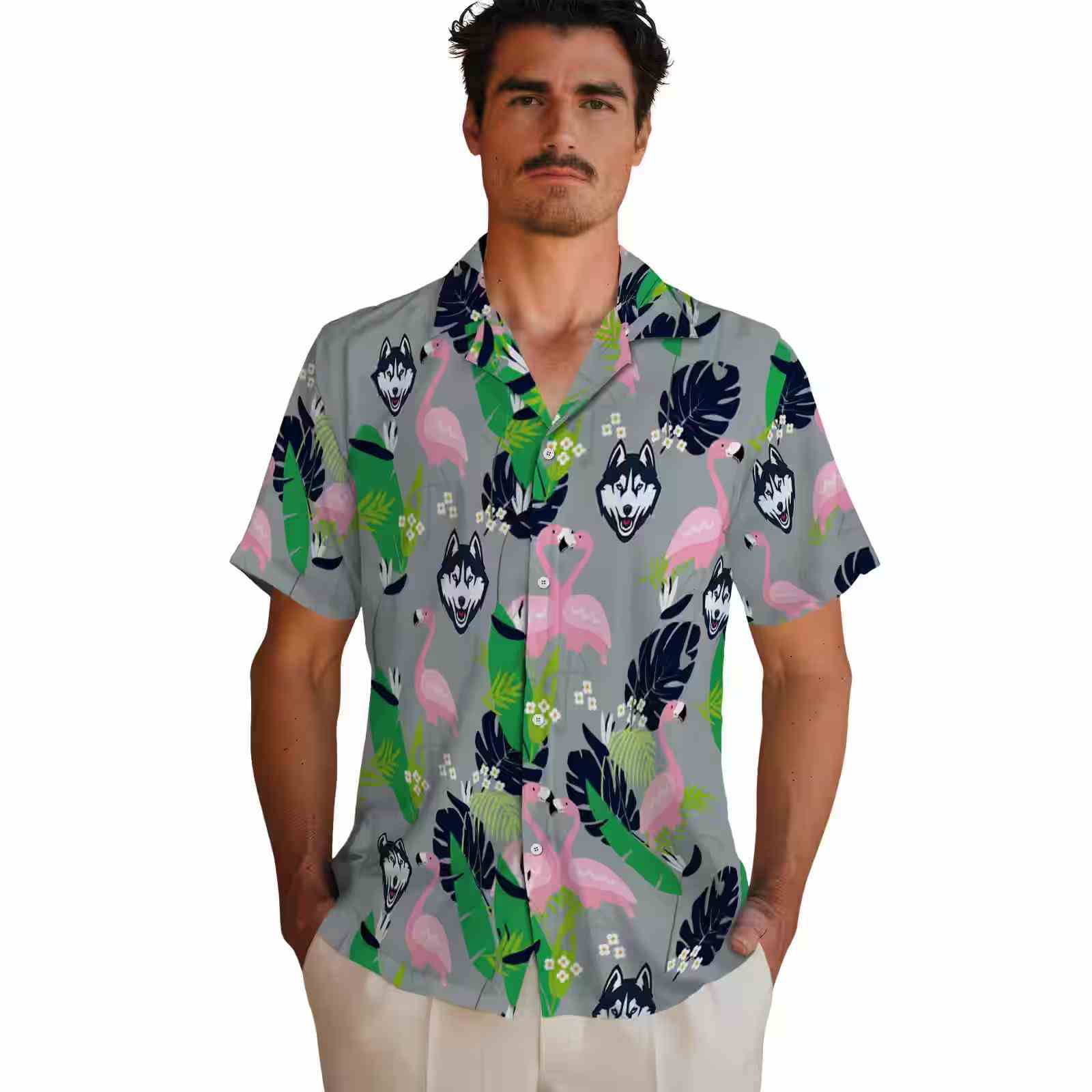 uconn huskies flamingo foliage blue green hawaiian shirt fashion forward