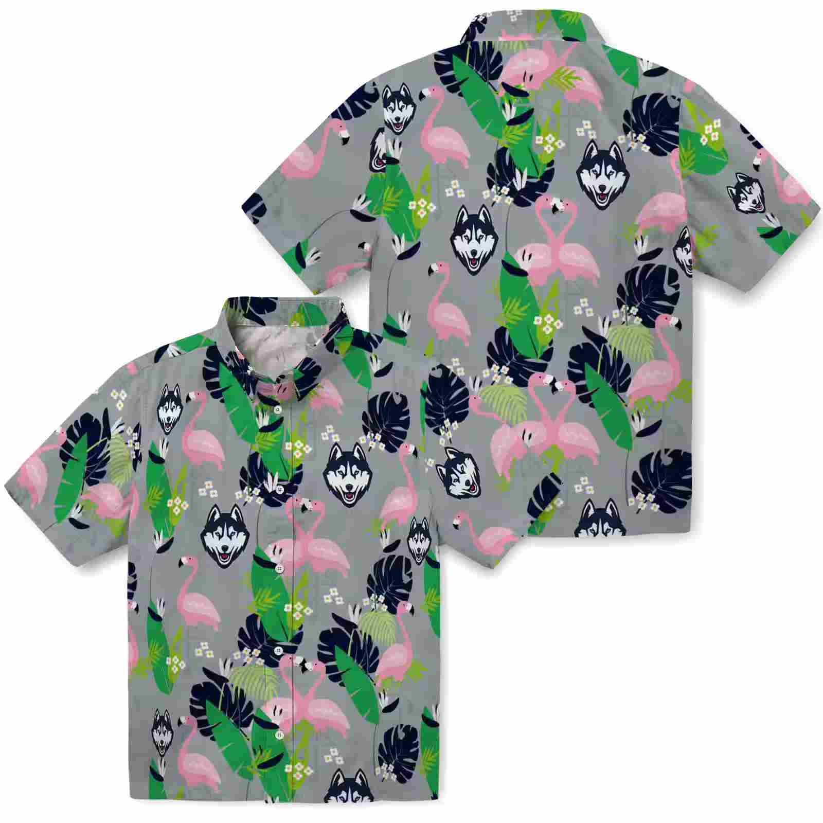 uconn huskies flamingo foliage blue green hawaiian shirt high quality