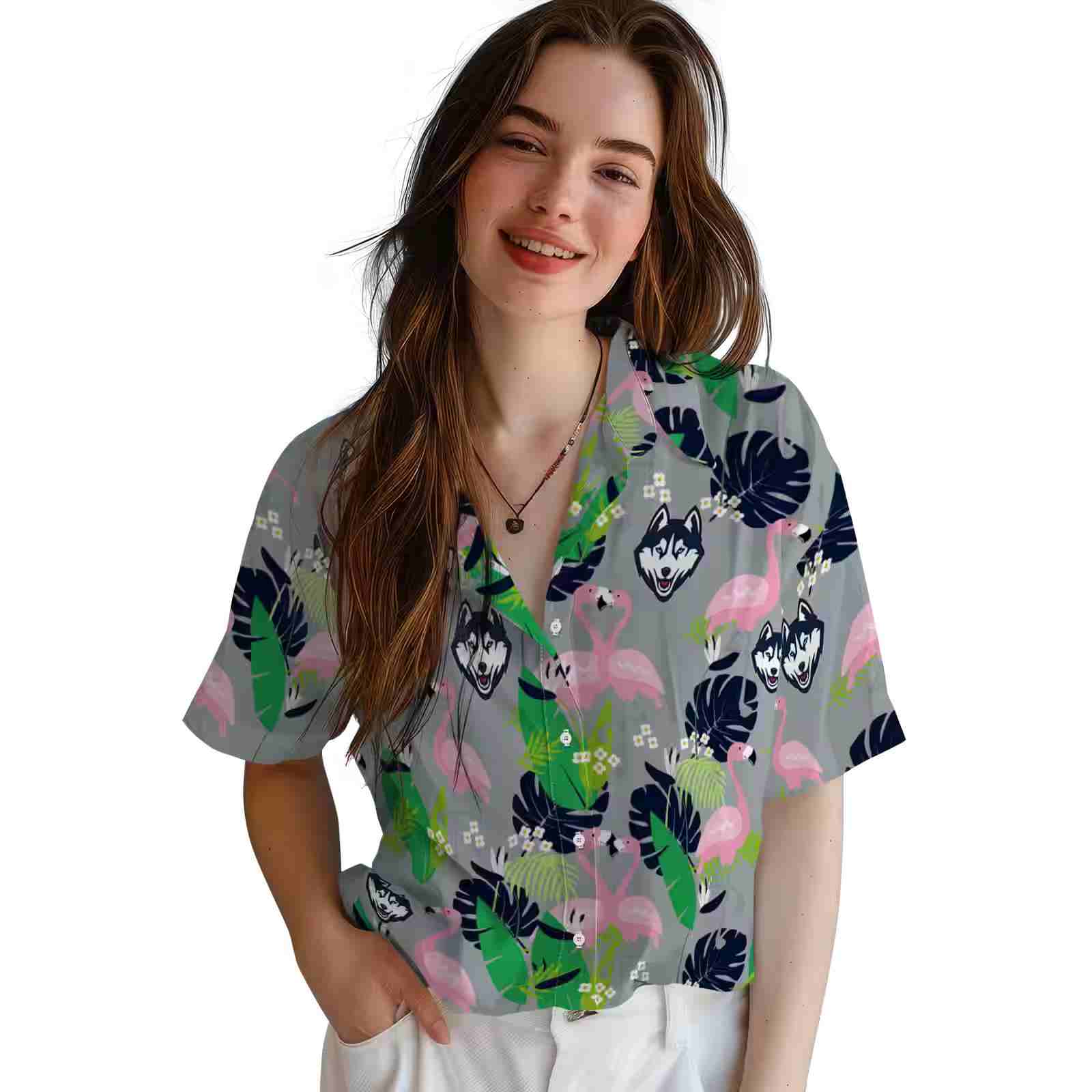 uconn huskies flamingo foliage blue green hawaiian shirt latest model