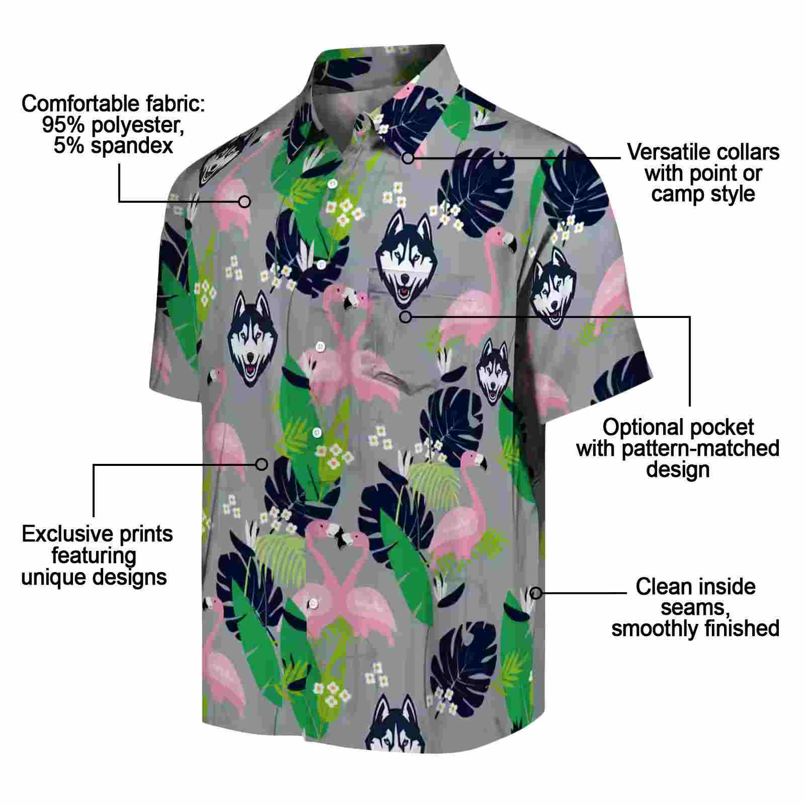 uconn huskies flamingo foliage blue green hawaiian shirt new arrival