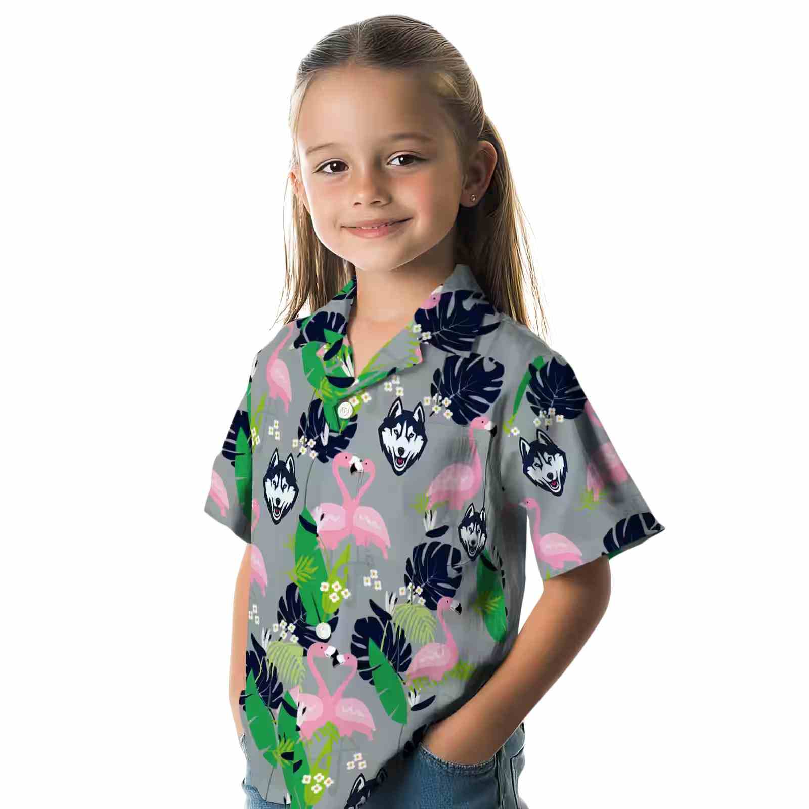 uconn huskies flamingo foliage blue green hawaiian shirt premium grade