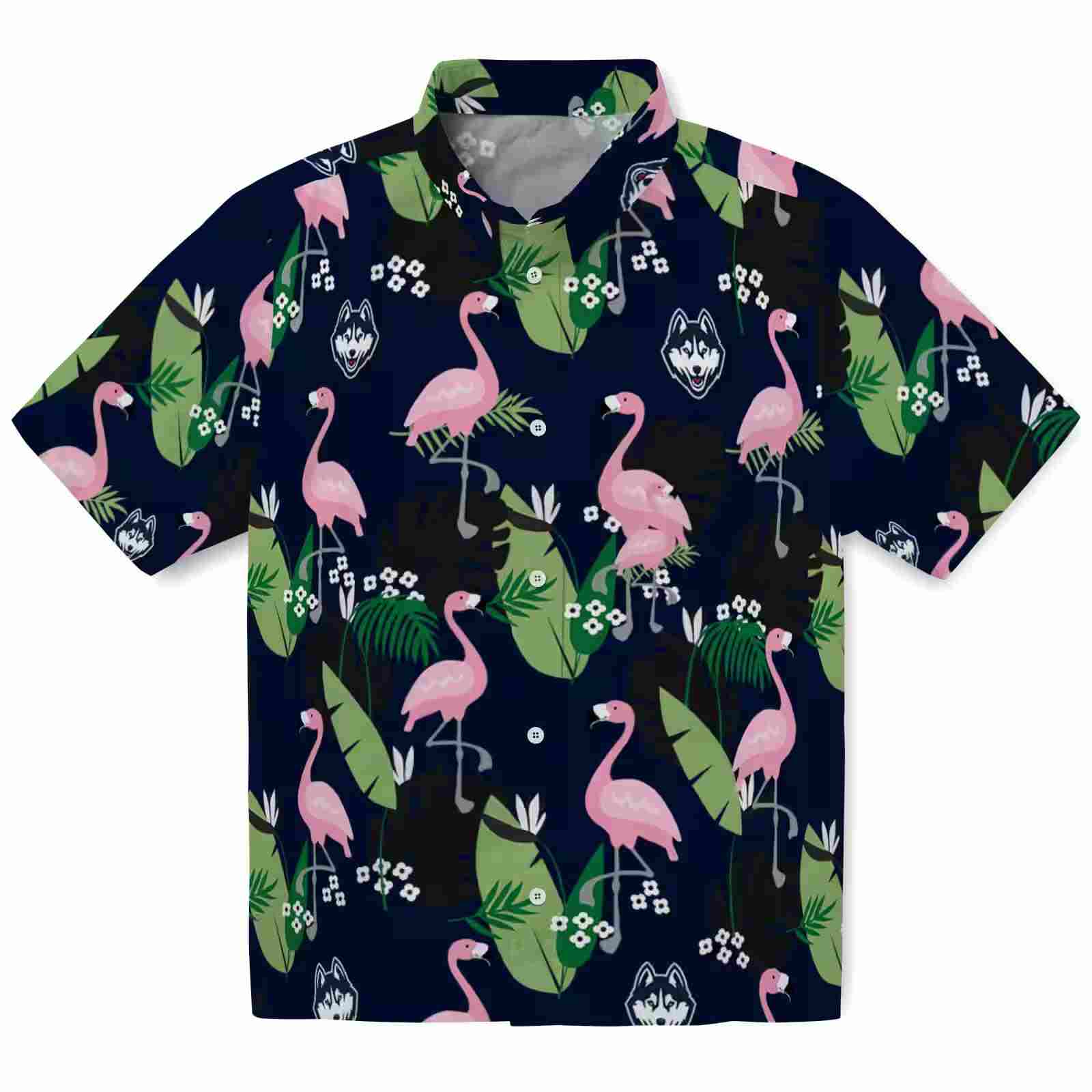 UConn Huskies Flamingo Leaf Motif Blue Hawaiian Shirt