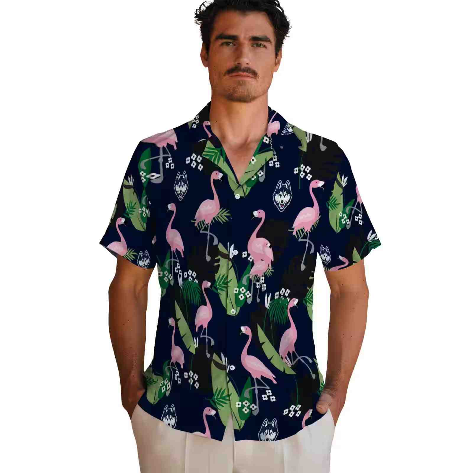 uconn huskies flamingo leaf motif blue hawaiian shirt fashion forward