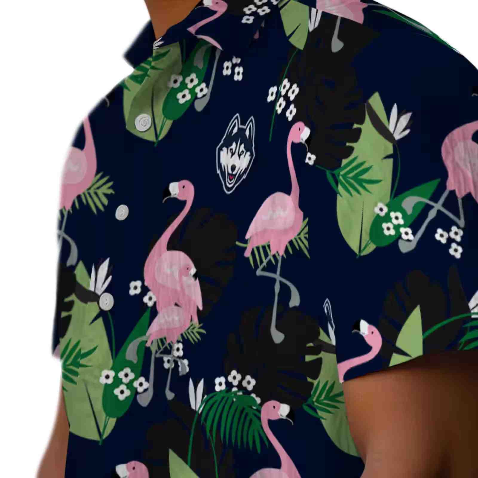 uconn huskies flamingo leaf motif blue hawaiian shirt trendy