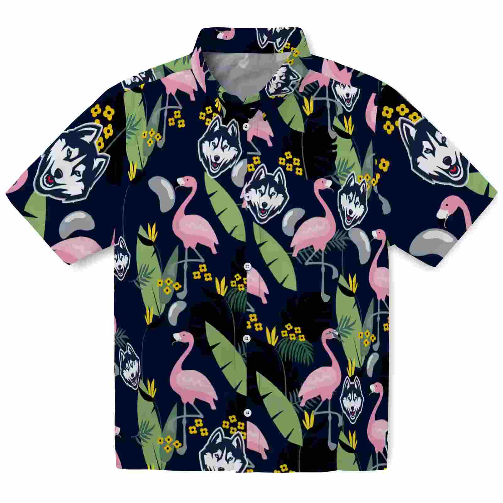 UConn Huskies Flamingo Leaves Blue Hawaiian Shirt