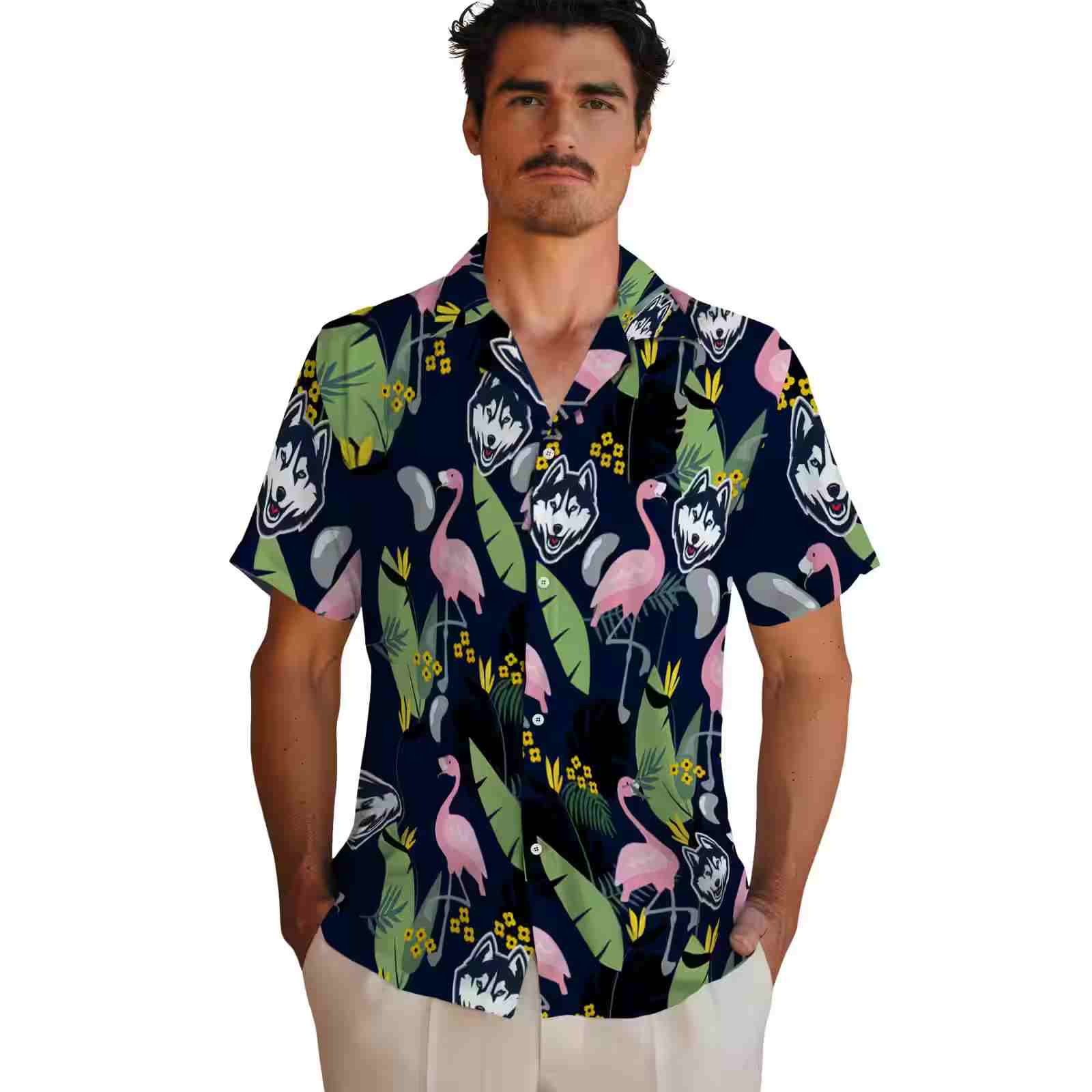 uconn huskies flamingo leaves blue hawaiian shirt fashion forward