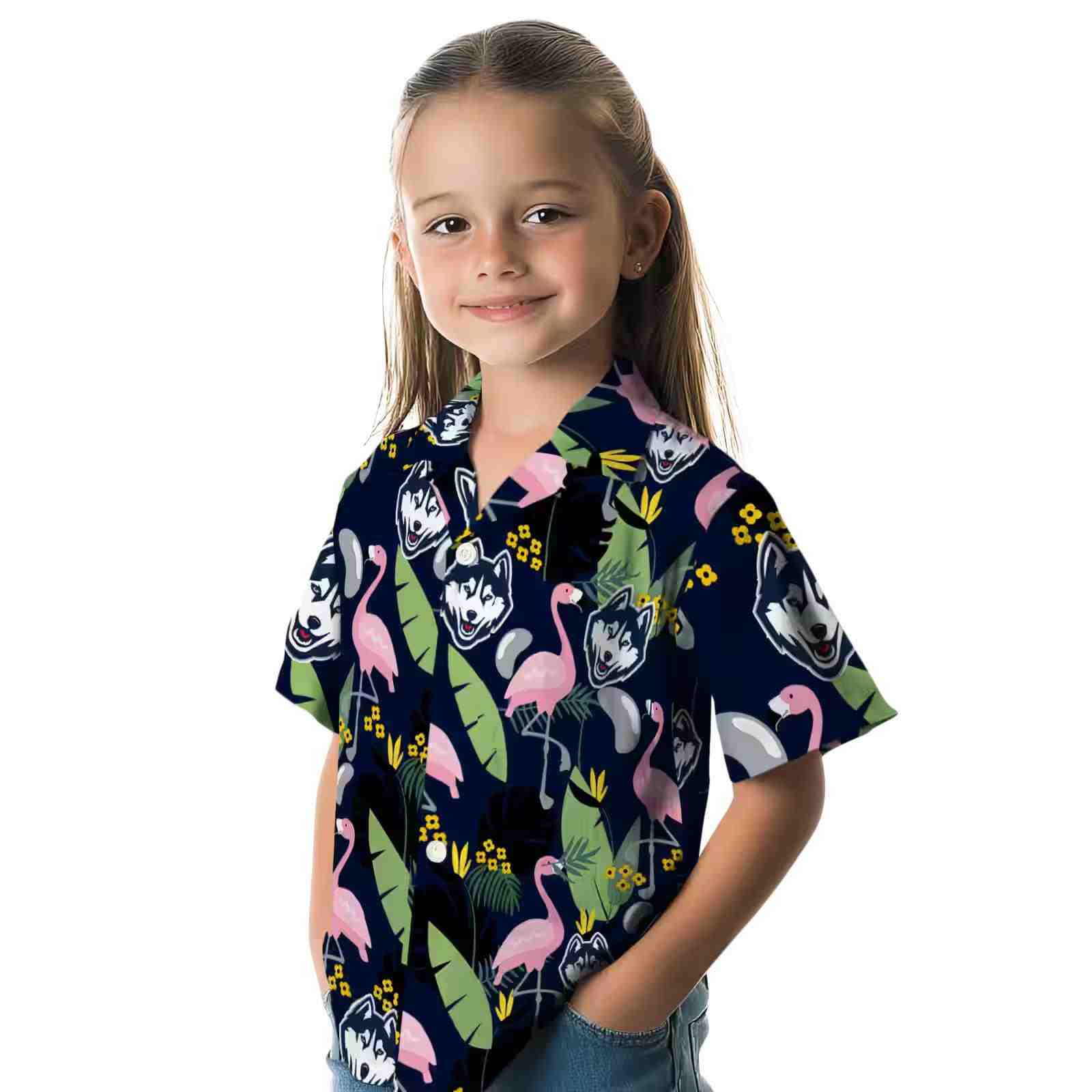 uconn huskies flamingo leaves blue hawaiian shirt premium grade