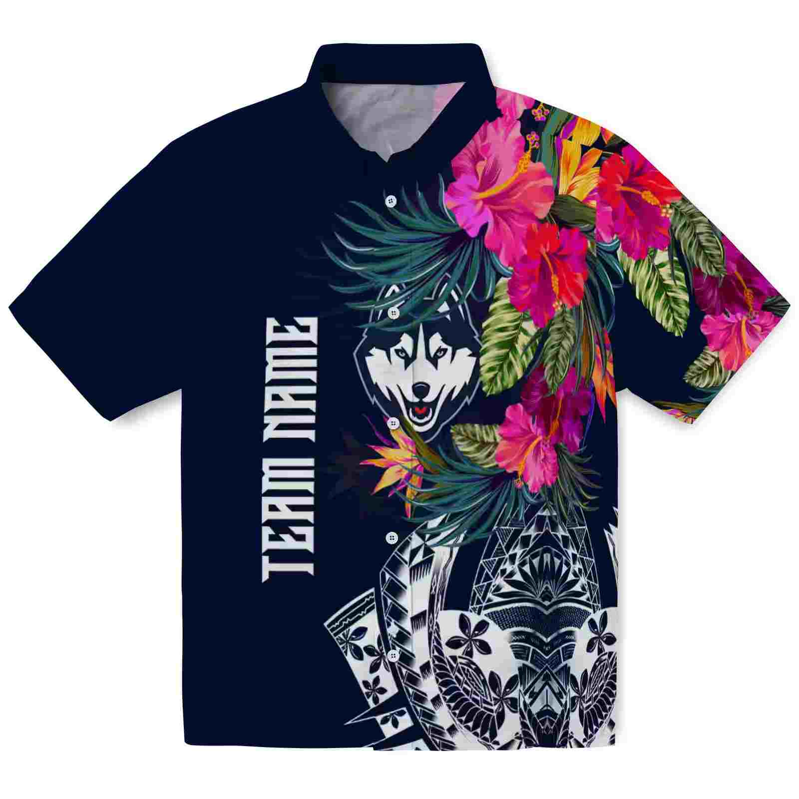 UConn Huskies Floral Polynesian Blue Hawaiian Shirt