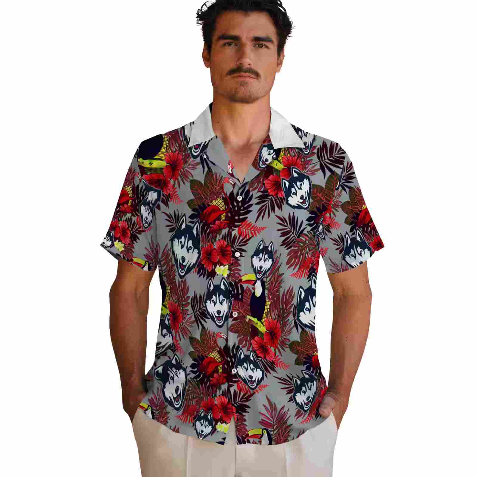 uconn huskies floral toucan blue red hawaiian shirt fashion forward