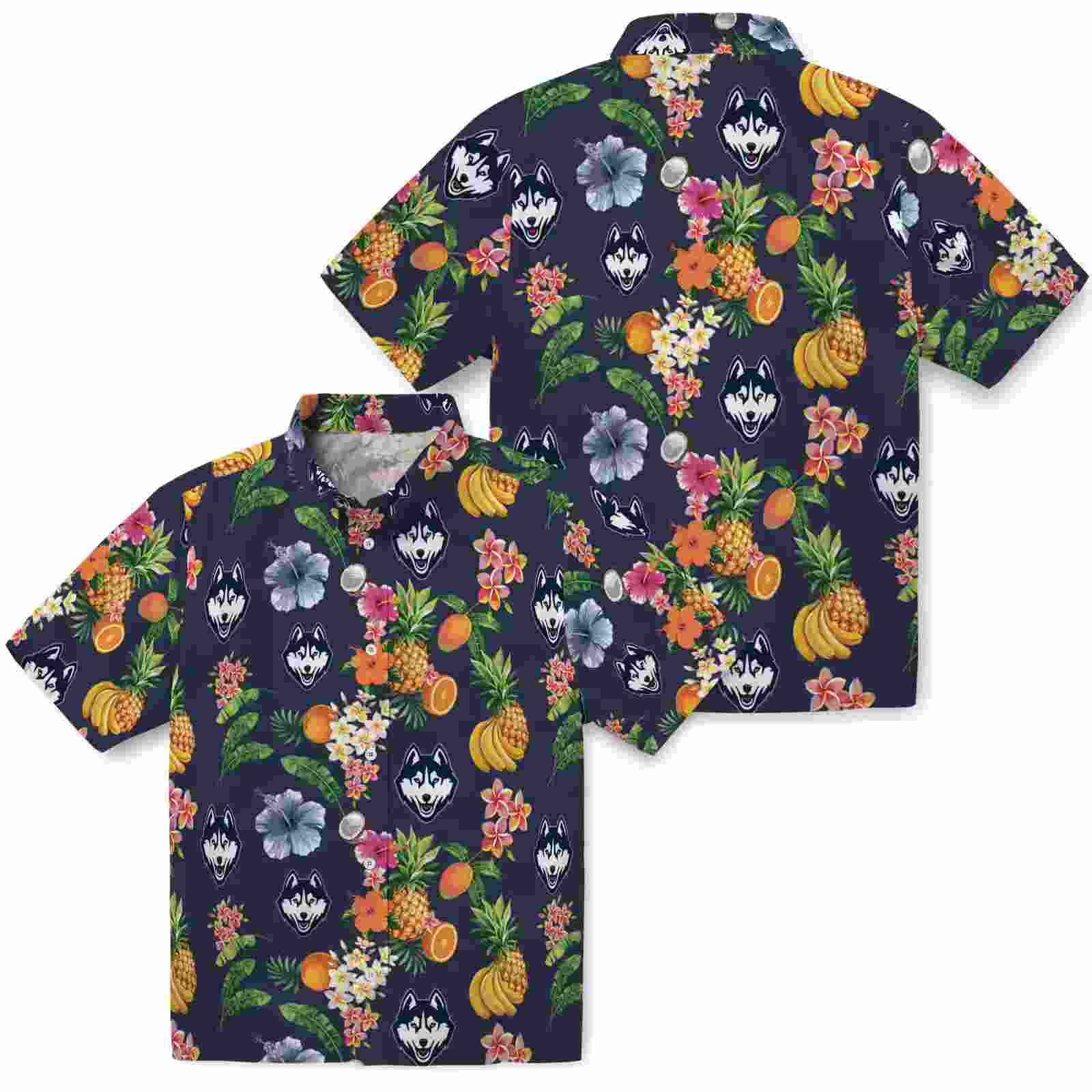 uconn huskies hibiscus and fruit navy blue hawaiian shirt high quality