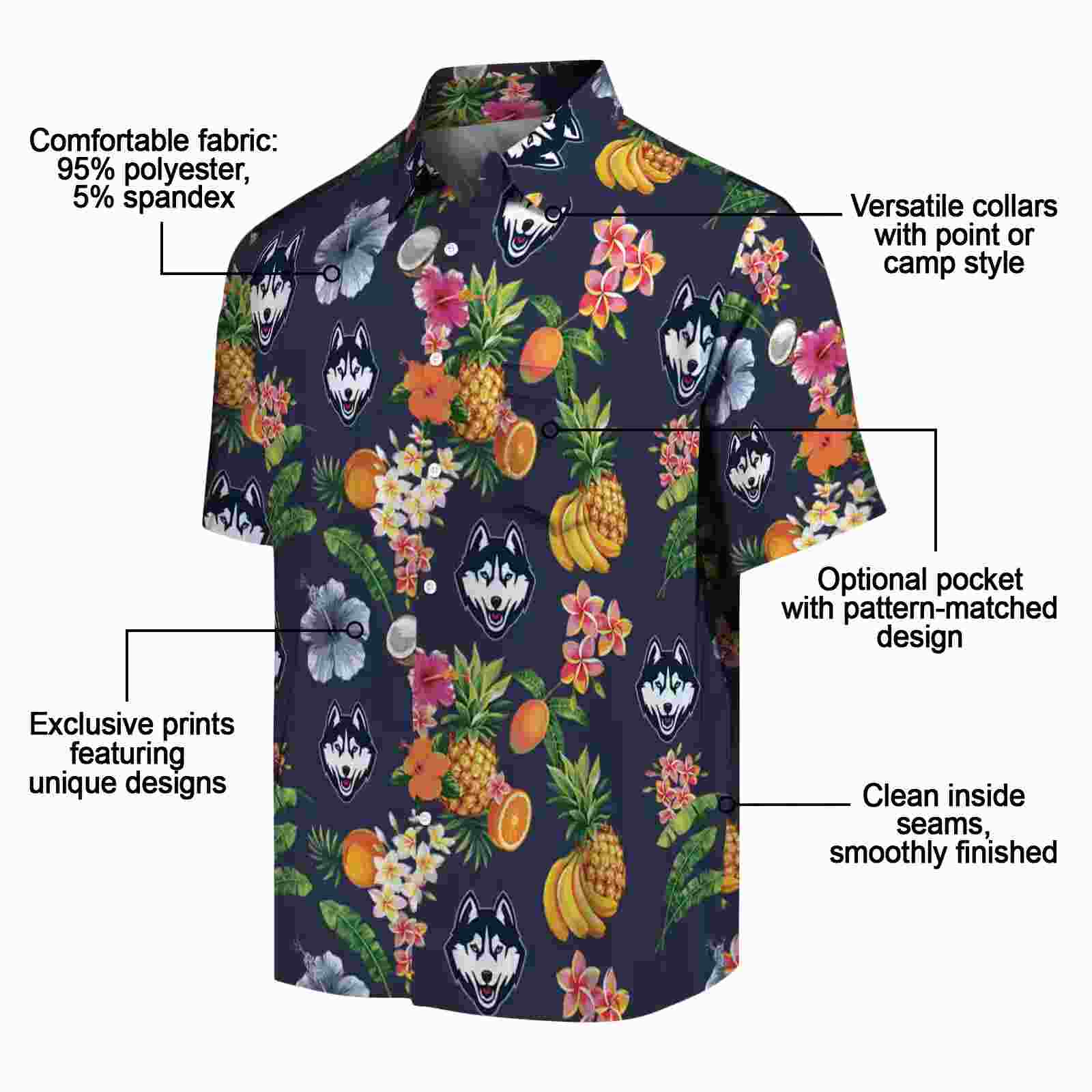 uconn huskies hibiscus and fruit navy blue hawaiian shirt new arrival