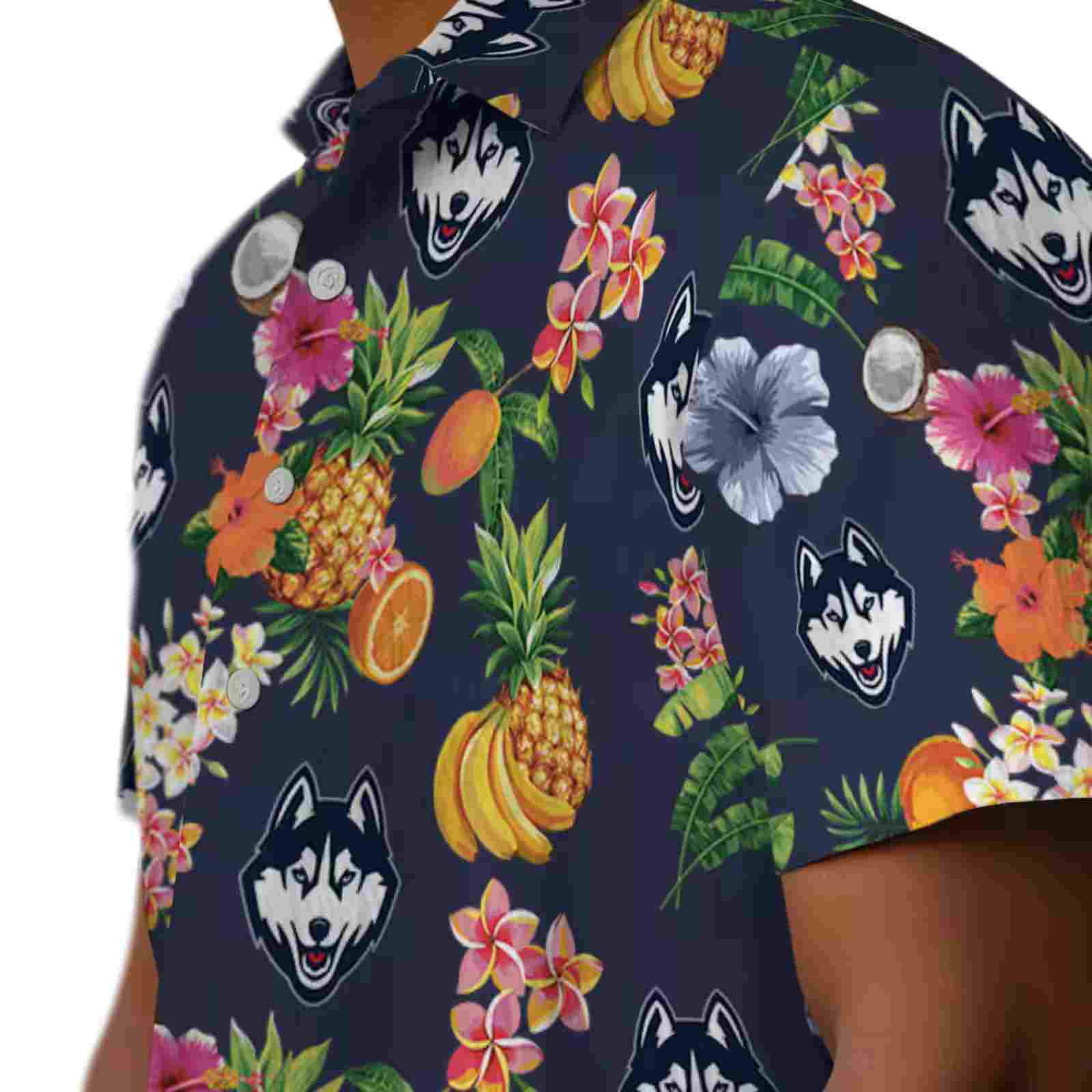 uconn huskies hibiscus and fruit navy blue hawaiian shirt trendy