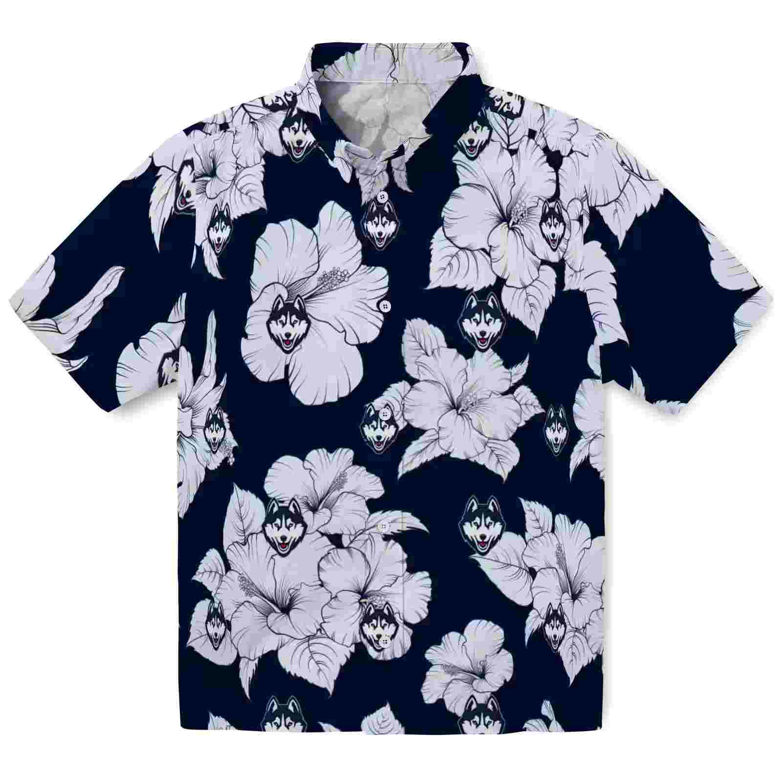 UConn Huskies Hibiscus Blooms Blue White Hawaiian Shirt