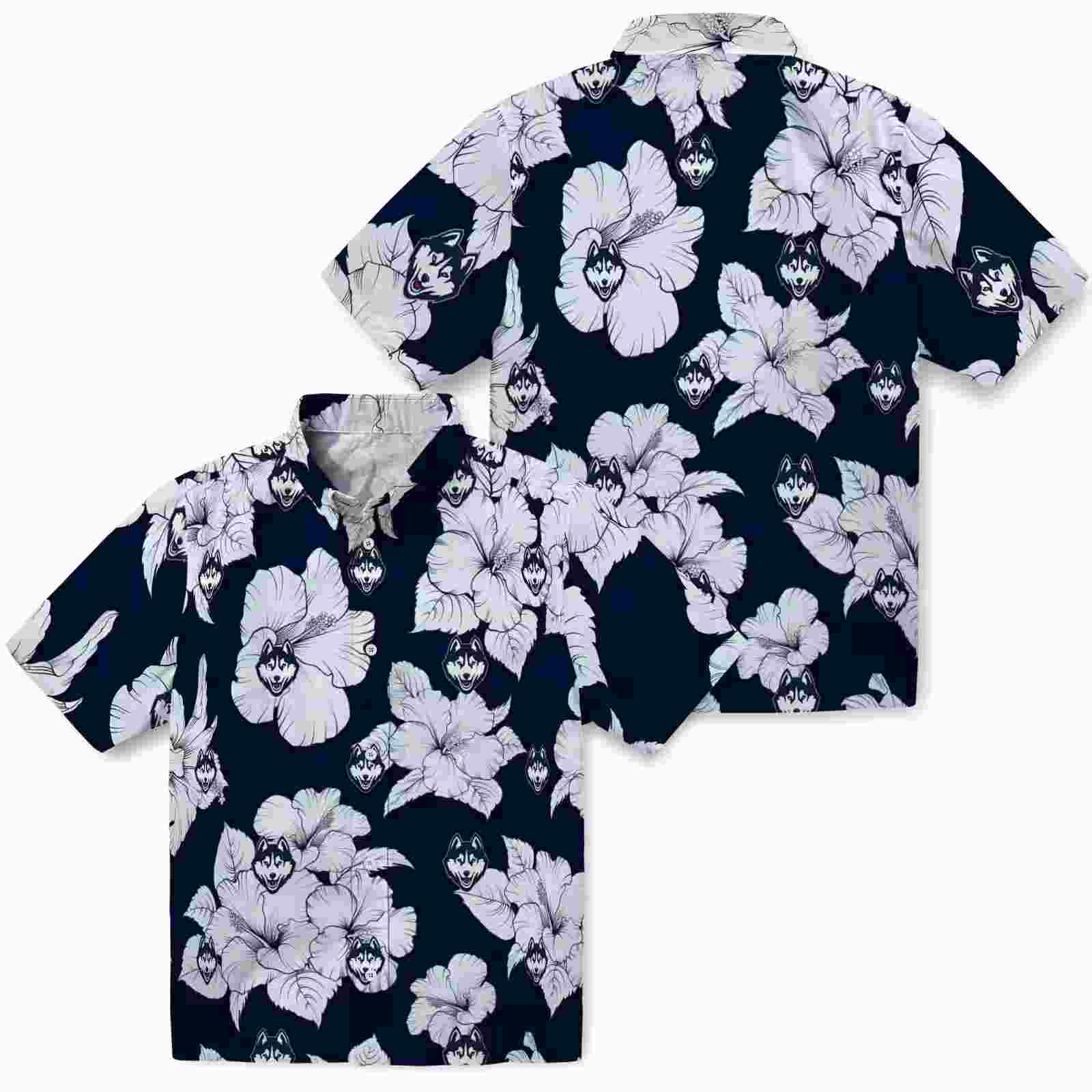 uconn huskies hibiscus blooms blue white hawaiian shirt high quality