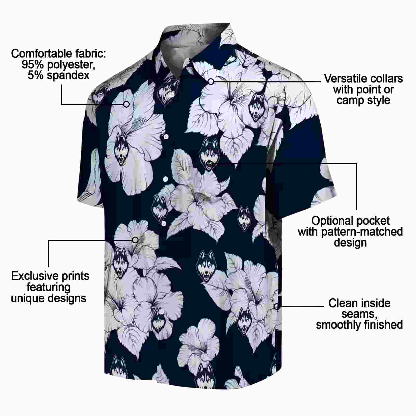 uconn huskies hibiscus blooms blue white hawaiian shirt new arrival