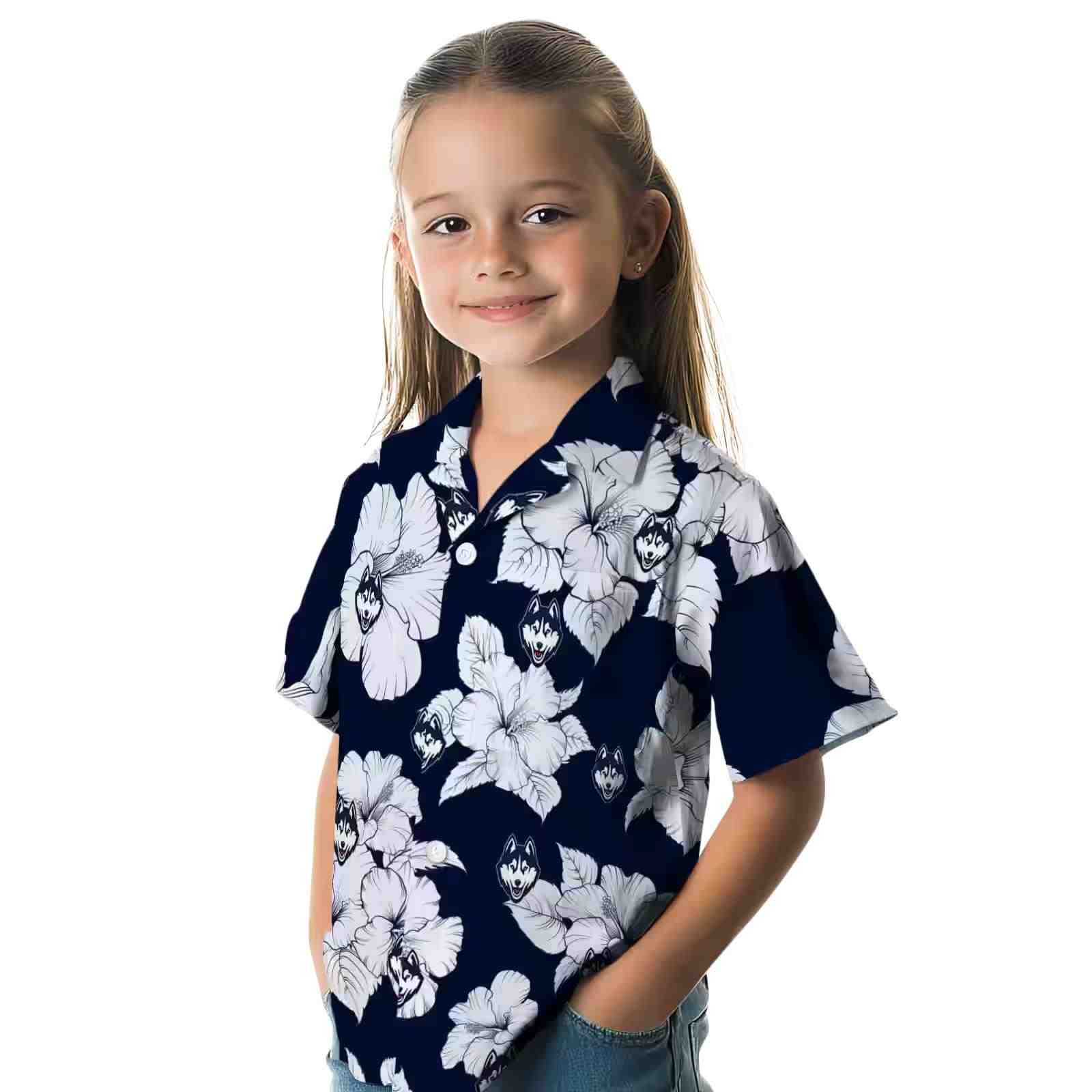 uconn huskies hibiscus blooms blue white hawaiian shirt premium grade