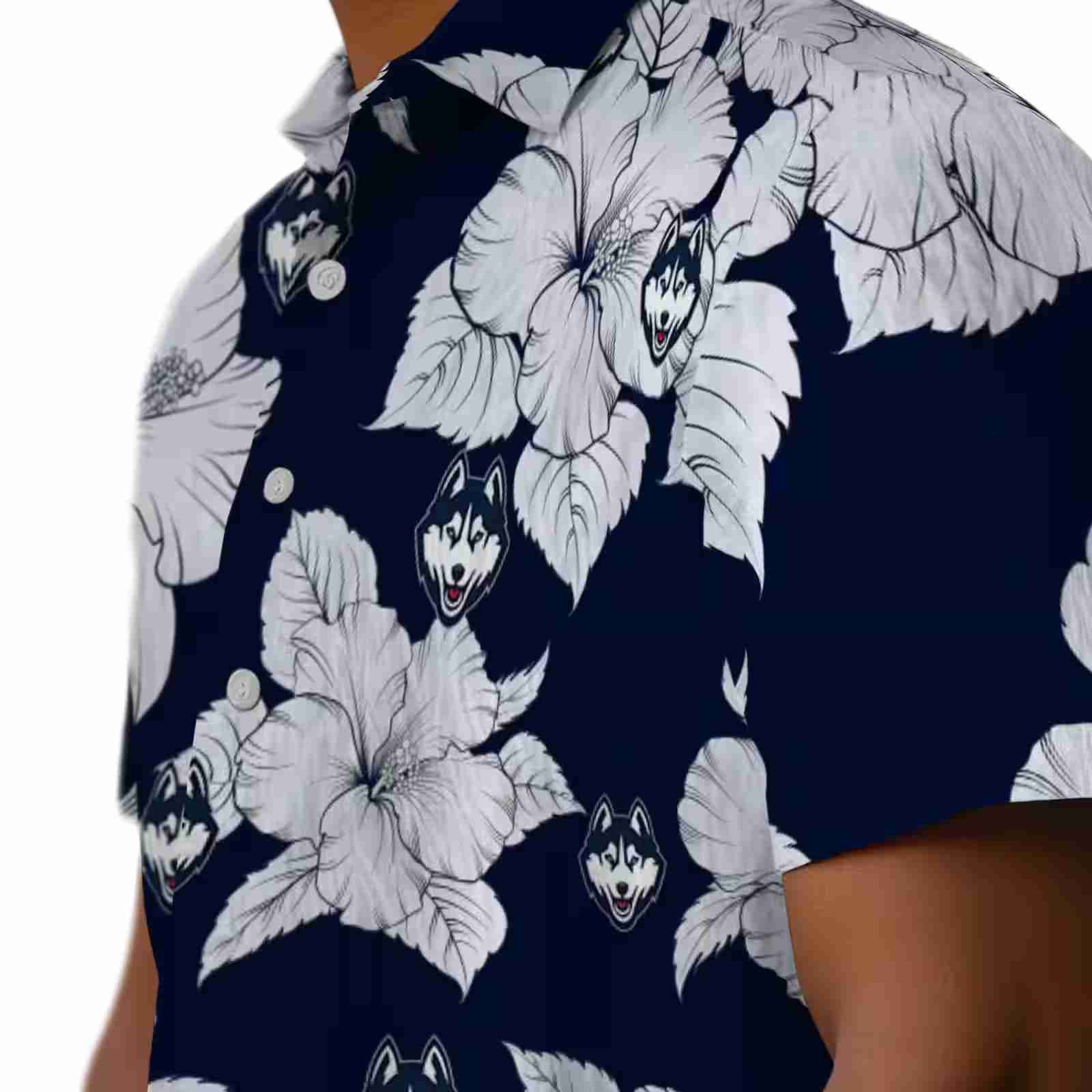 uconn huskies hibiscus blooms blue white hawaiian shirt trendy