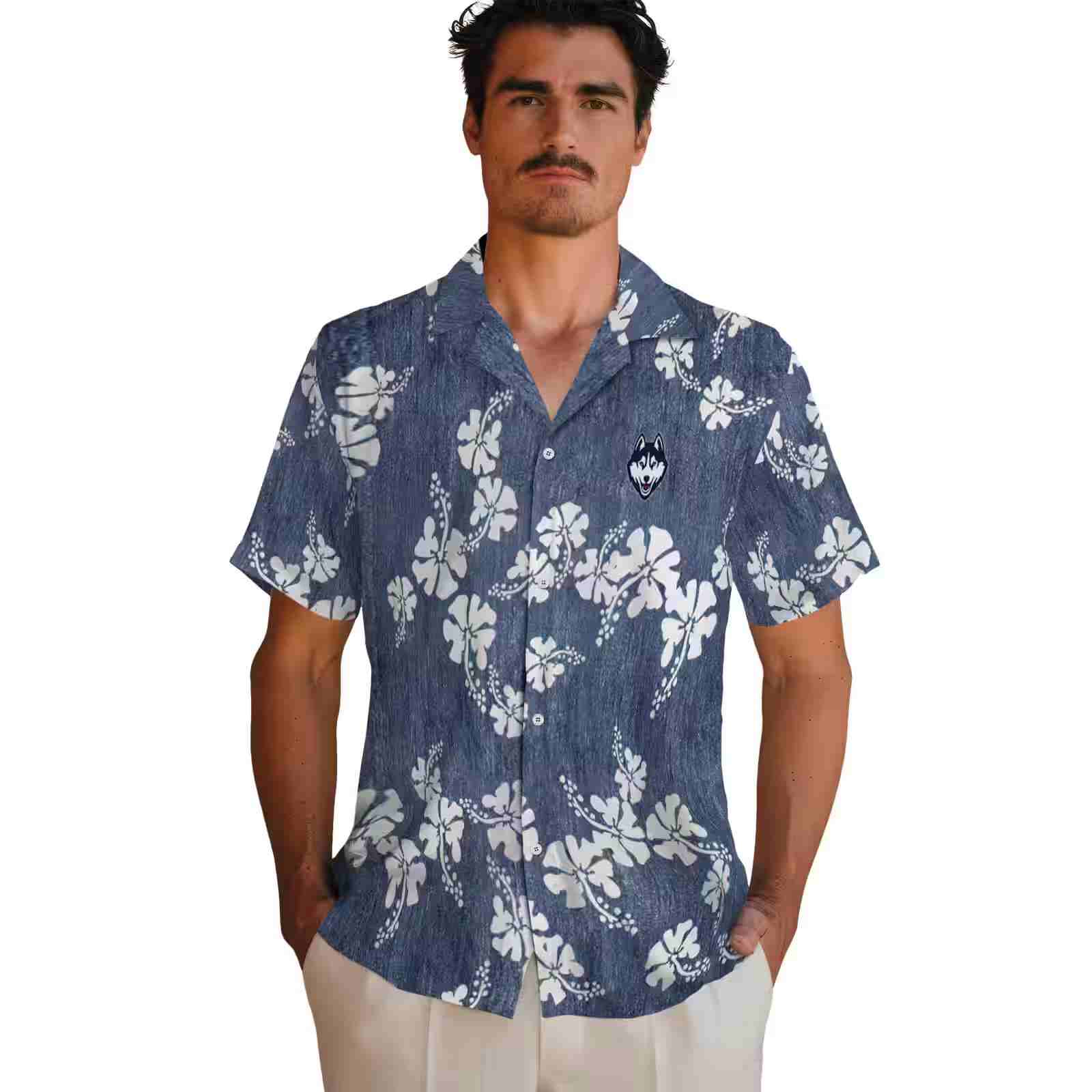 uconn huskies hibiscus clusters blue hawaiian shirt fashion forward