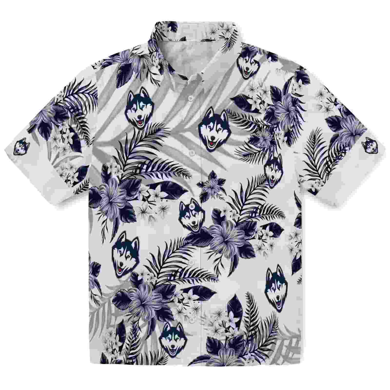 UConn Huskies Hibiscus Palm Leaves Blue White Hawaiian Shirt