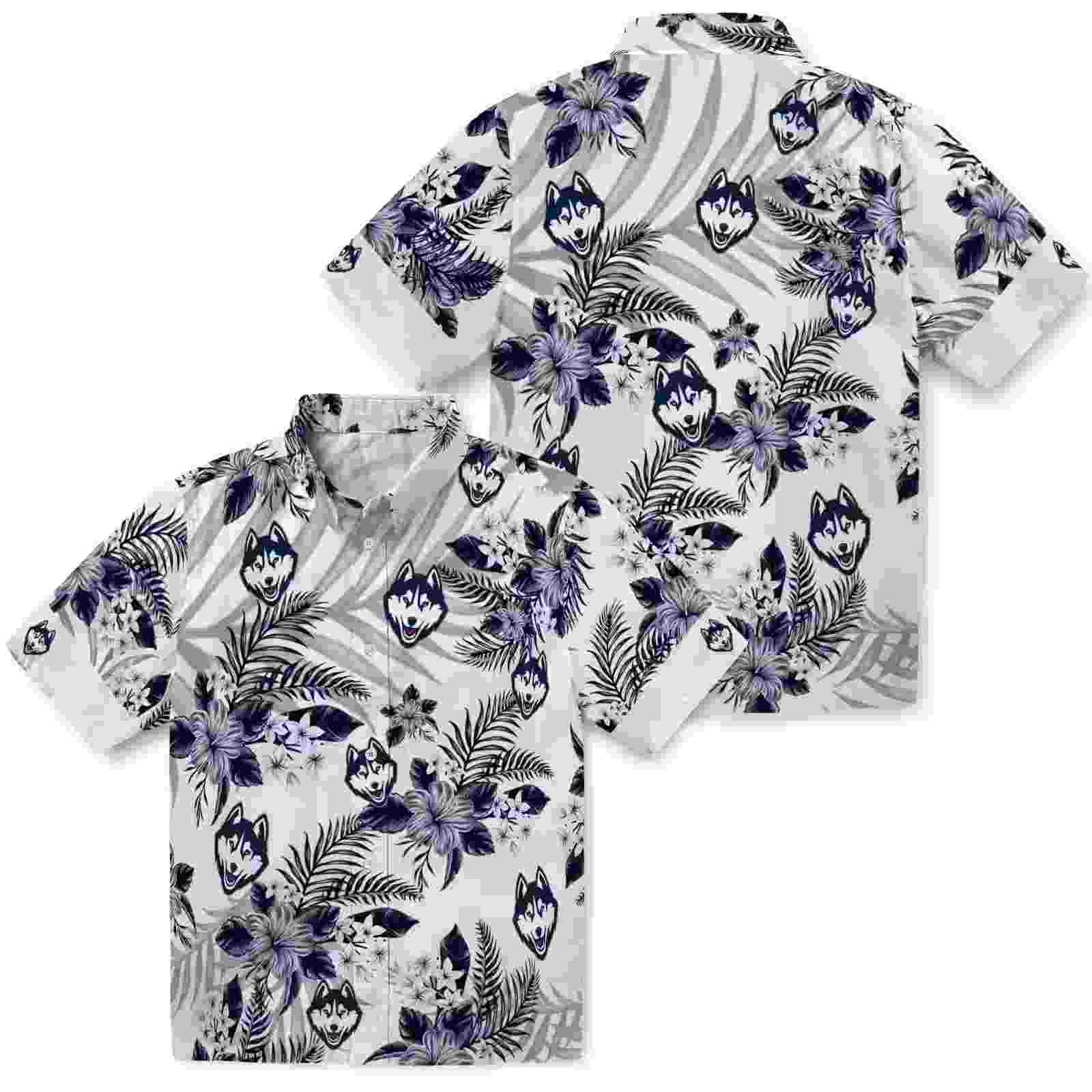 uconn huskies hibiscus palm leaves blue white hawaiian shirt high quality