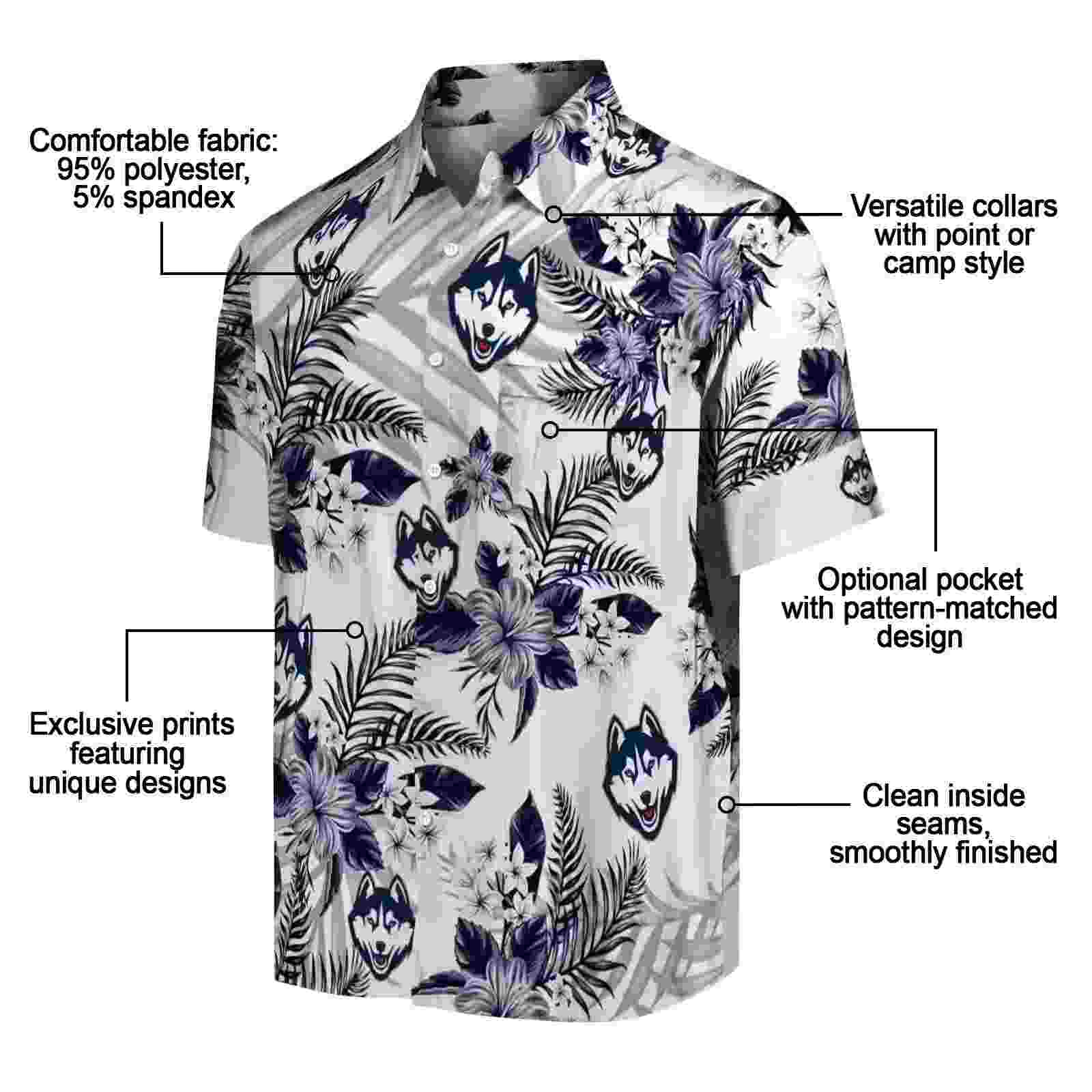 uconn huskies hibiscus palm leaves blue white hawaiian shirt new arrival