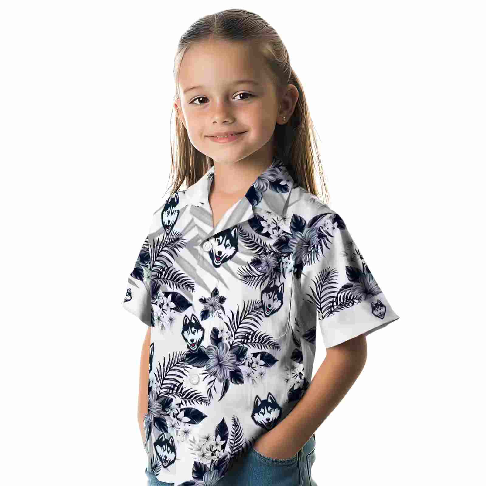 uconn huskies hibiscus palm leaves blue white hawaiian shirt premium grade