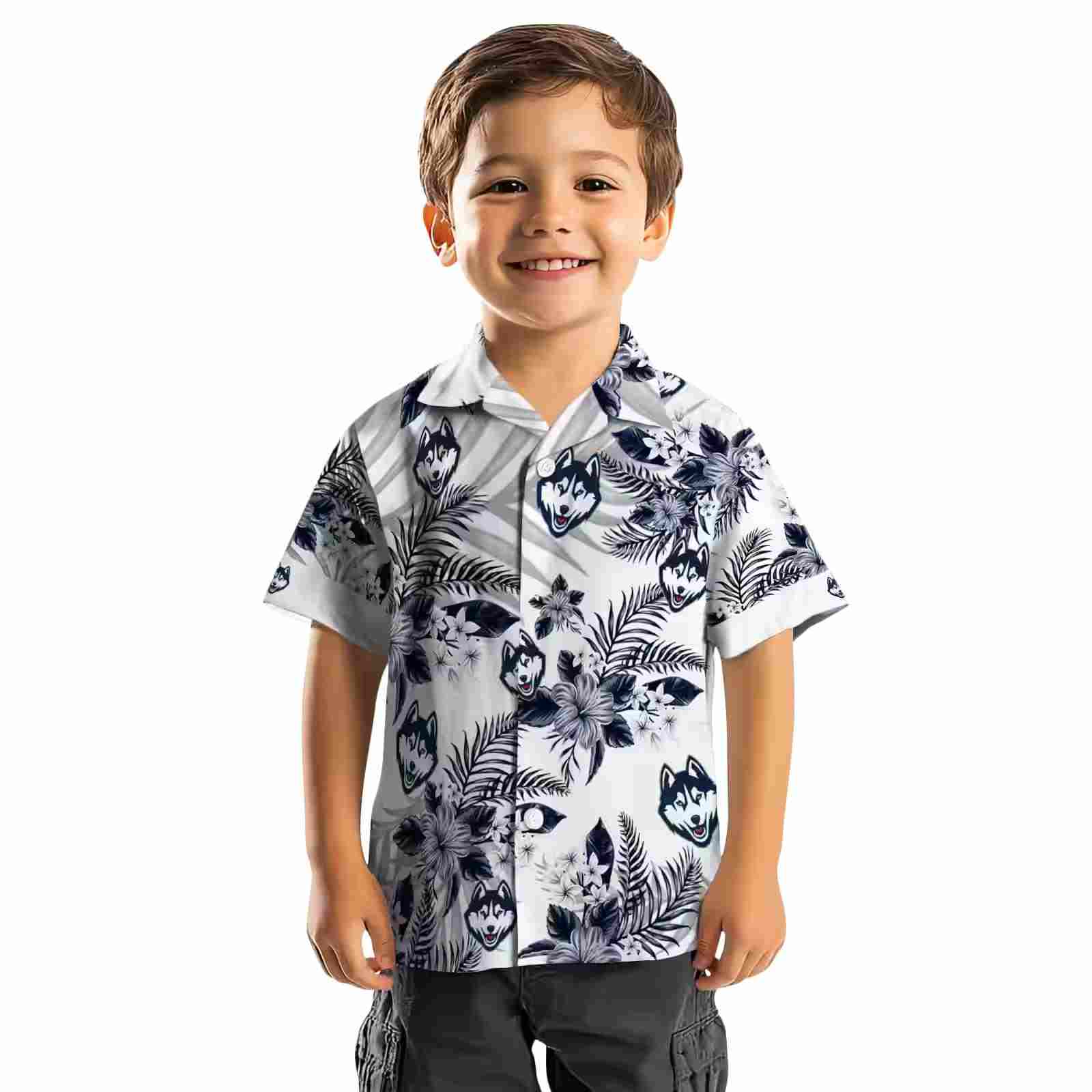 uconn huskies hibiscus palm leaves blue white hawaiian shirt top rated