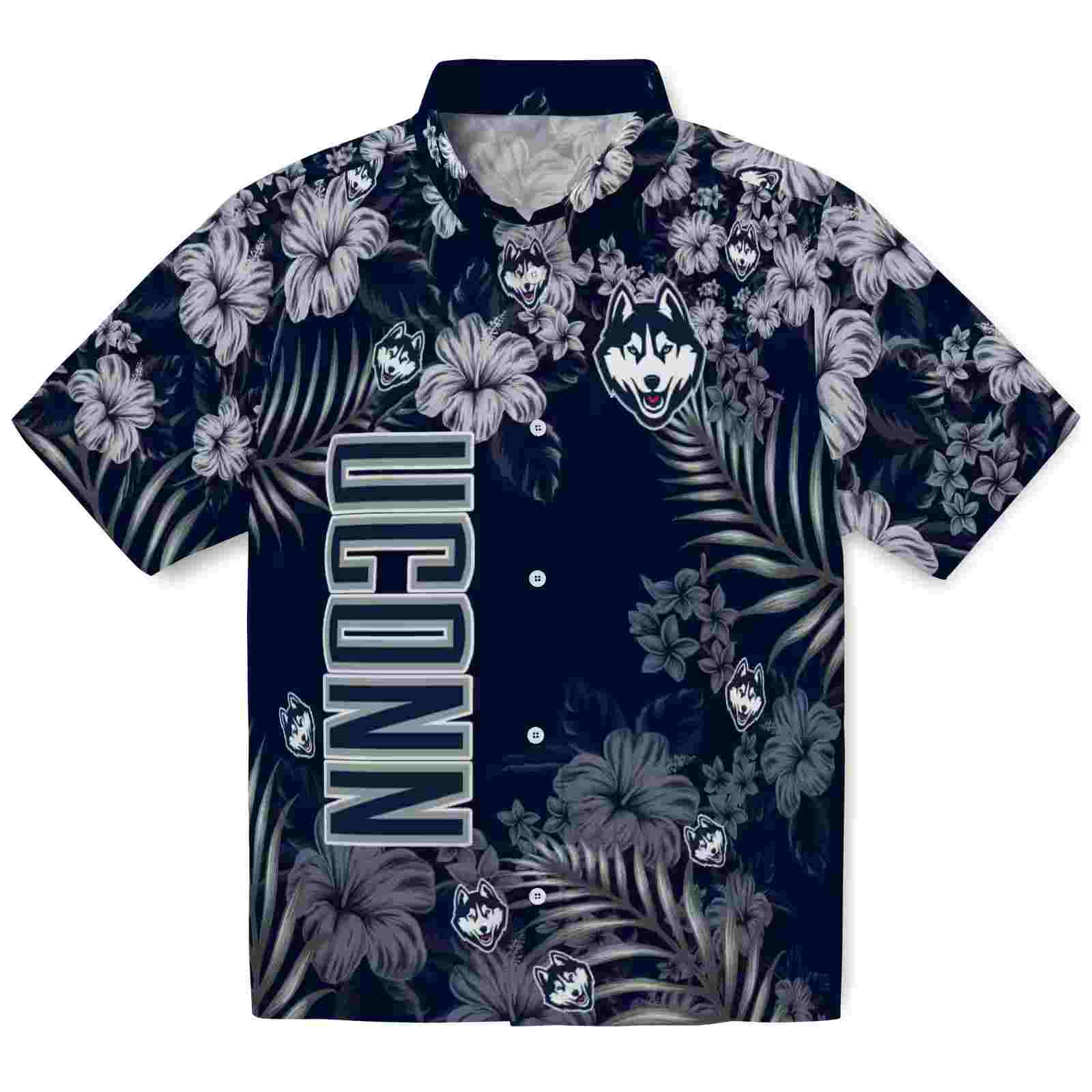 UConn Huskies Hibiscus Print Blue Hawaiian Shirt