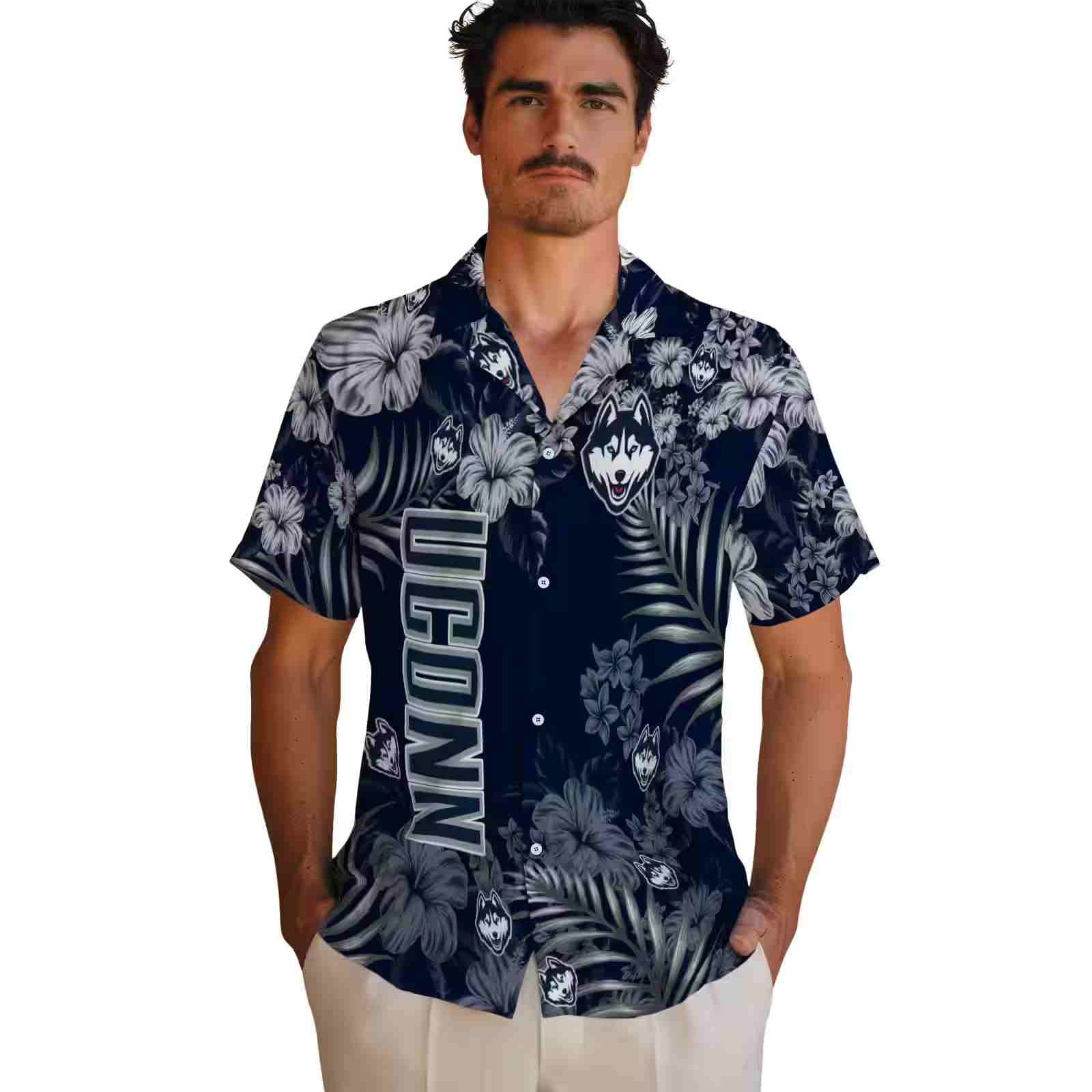 uconn huskies hibiscus print blue hawaiian shirt fashion forward