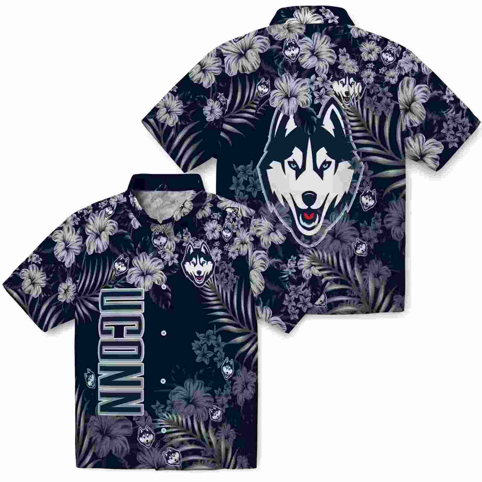 uconn huskies hibiscus print blue hawaiian shirt high quality