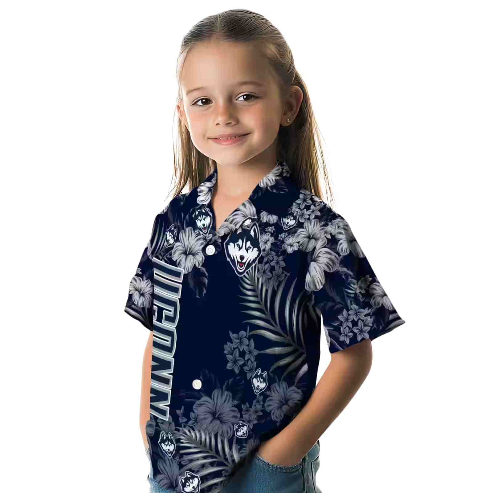 uconn huskies hibiscus print blue hawaiian shirt premium grade