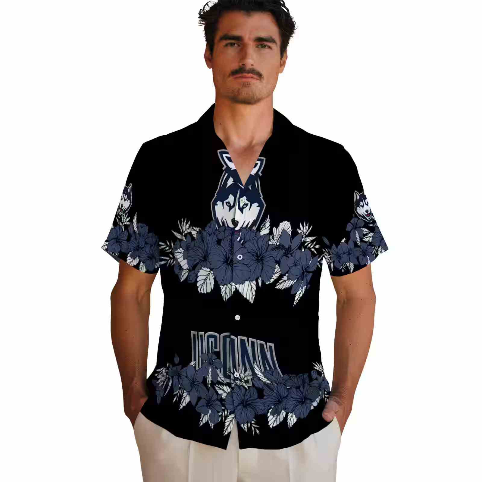 uconn huskies hibiscus stripe blue black hawaiian shirt fashion forward