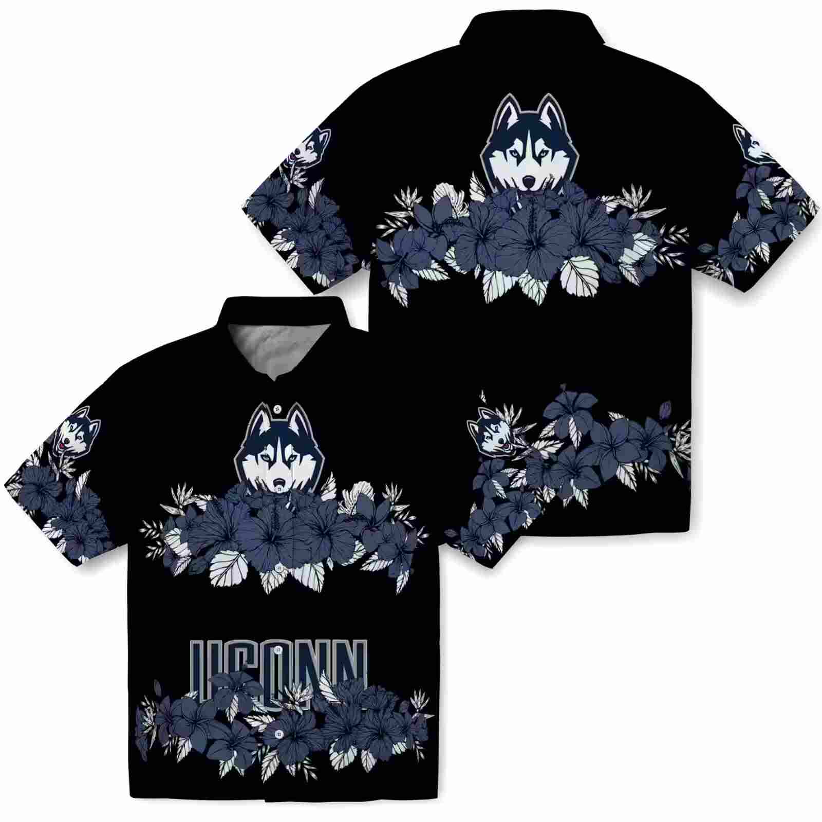 uconn huskies hibiscus stripe blue black hawaiian shirt high quality