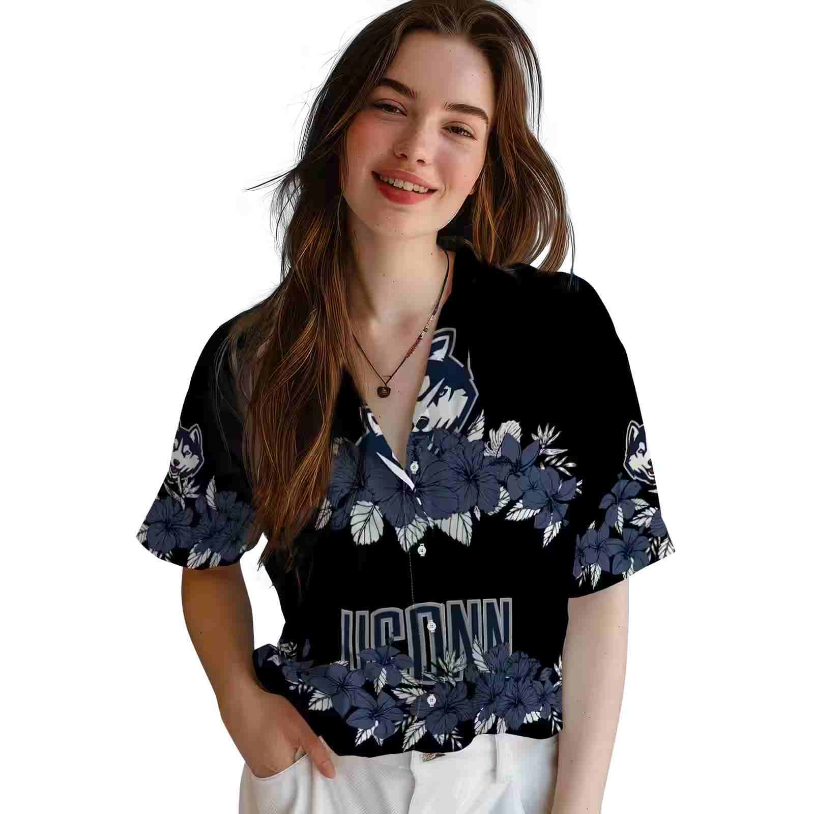 uconn huskies hibiscus stripe blue black hawaiian shirt latest model