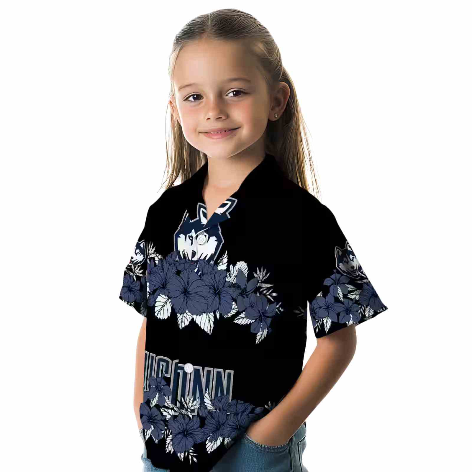 uconn huskies hibiscus stripe blue black hawaiian shirt premium grade