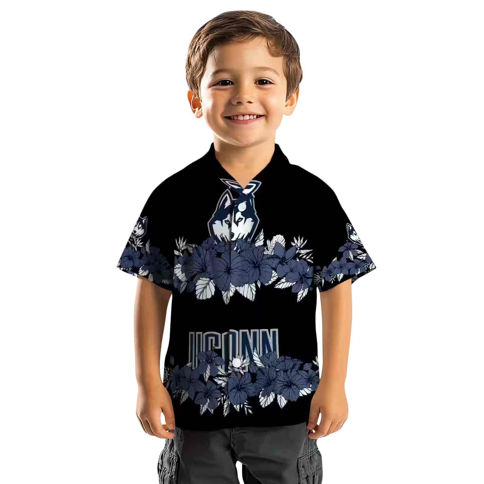 uconn huskies hibiscus stripe blue black hawaiian shirt top rated