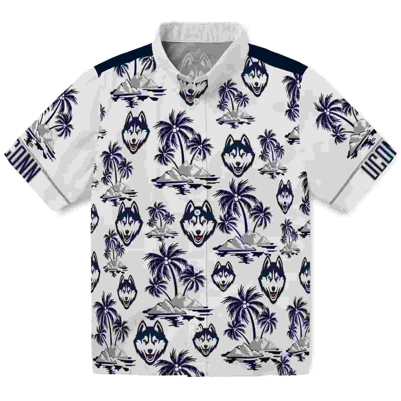 UConn Huskies Palm Island Print Blue White Hawaiian Shirt