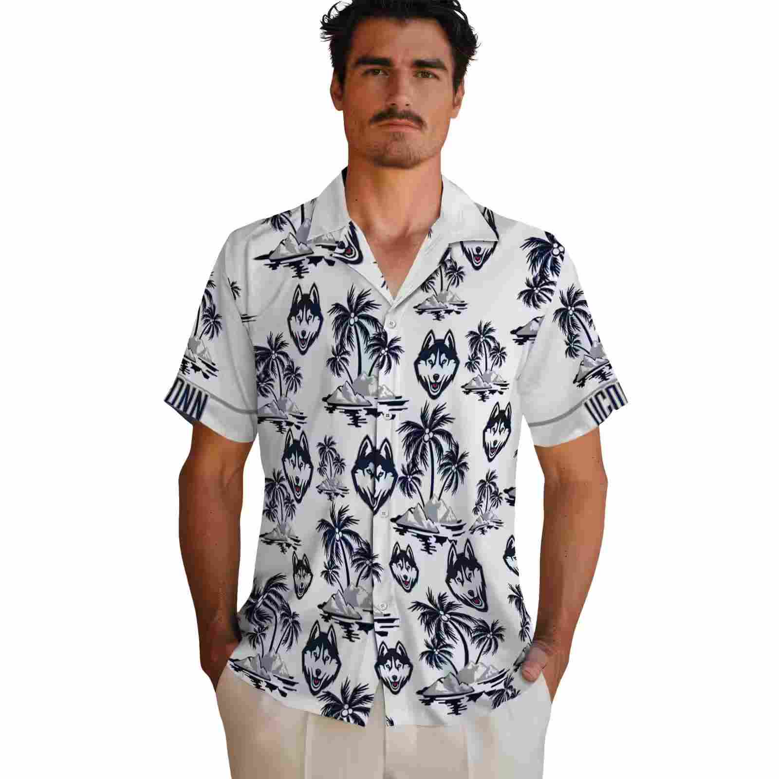 uconn huskies palm island print blue white hawaiian shirt fashion forward