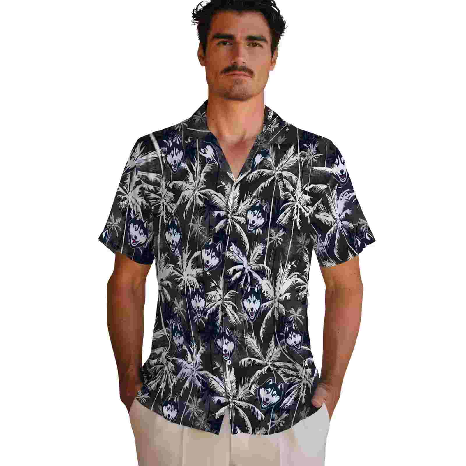 uconn huskies palm pattern blue black hawaiian shirt fashion forward