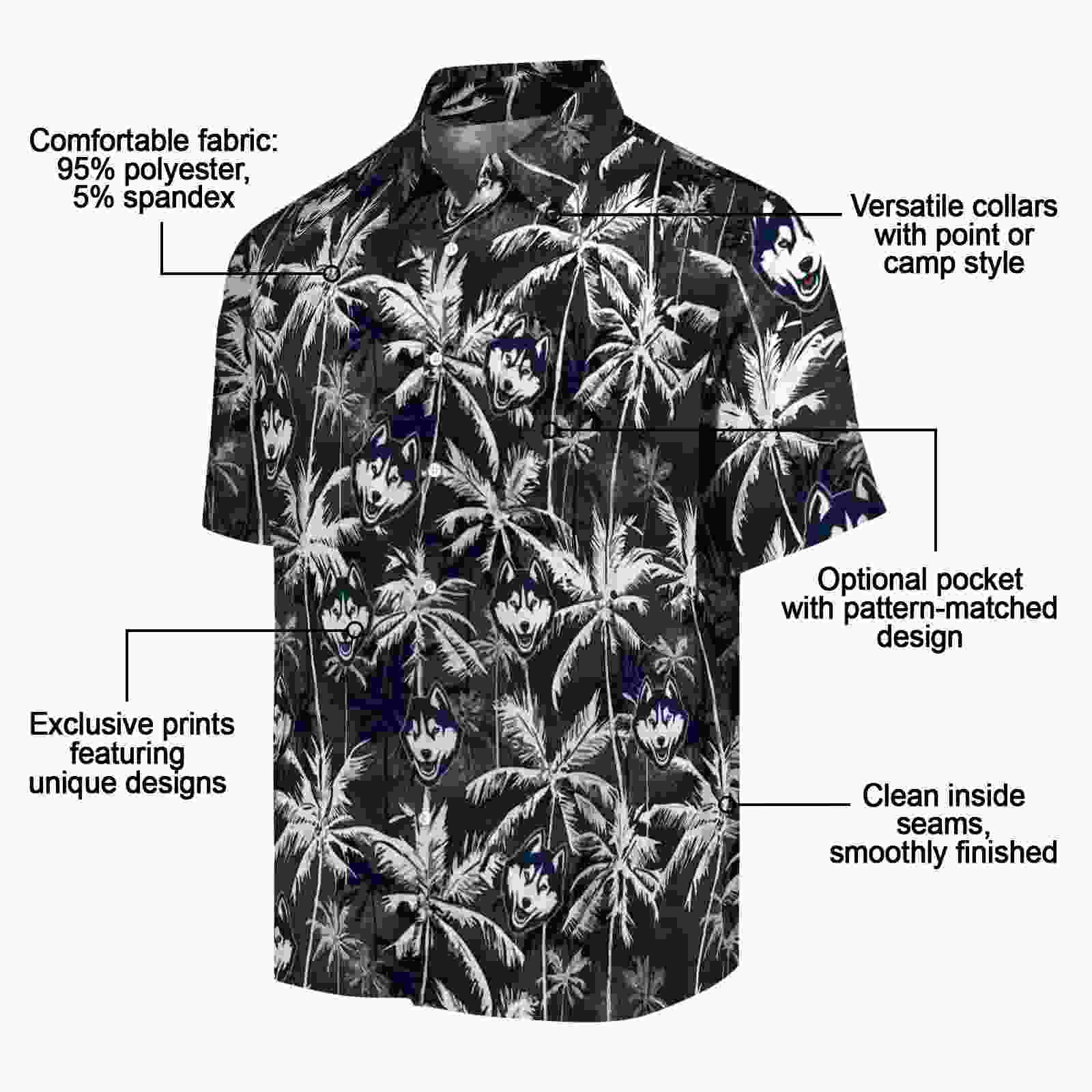 uconn huskies palm pattern blue black hawaiian shirt new arrival