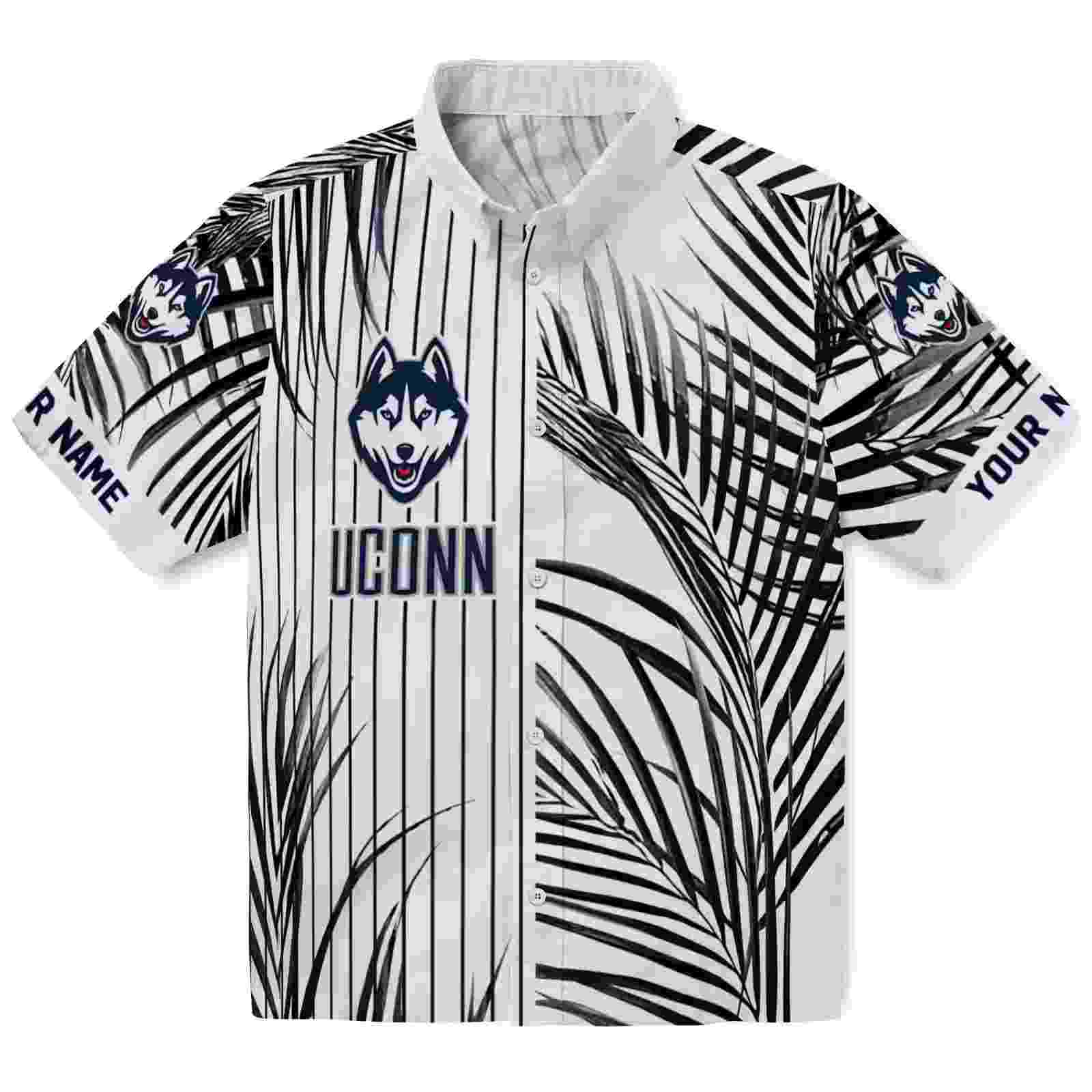 UConn Huskies Palm Stripes Blue Black White Hawaiian Shirt