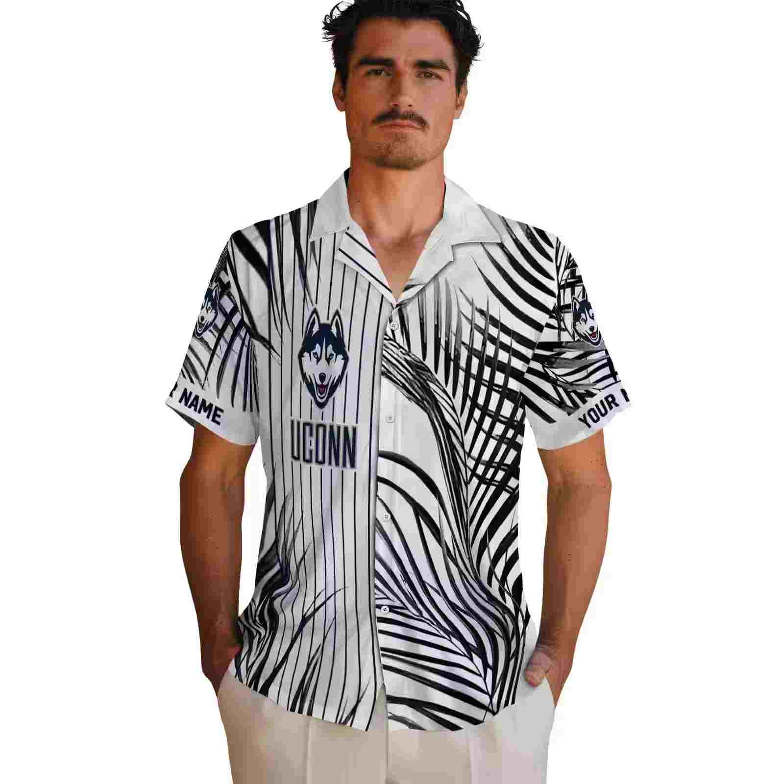 uconn huskies palm stripes blue black white hawaiian shirt fashion forward