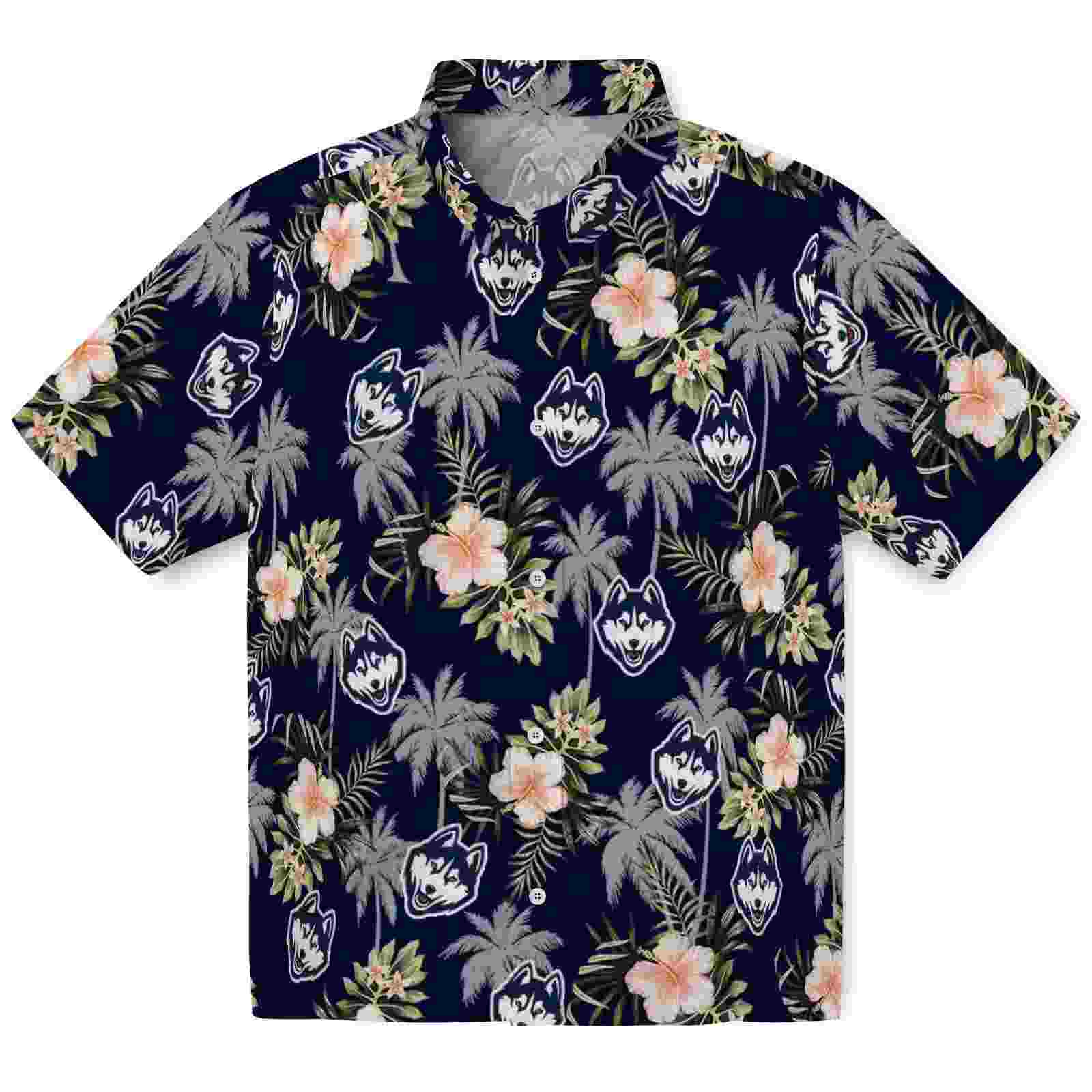 UConn Huskies Palm Tree Flower Blue Hawaiian Shirt