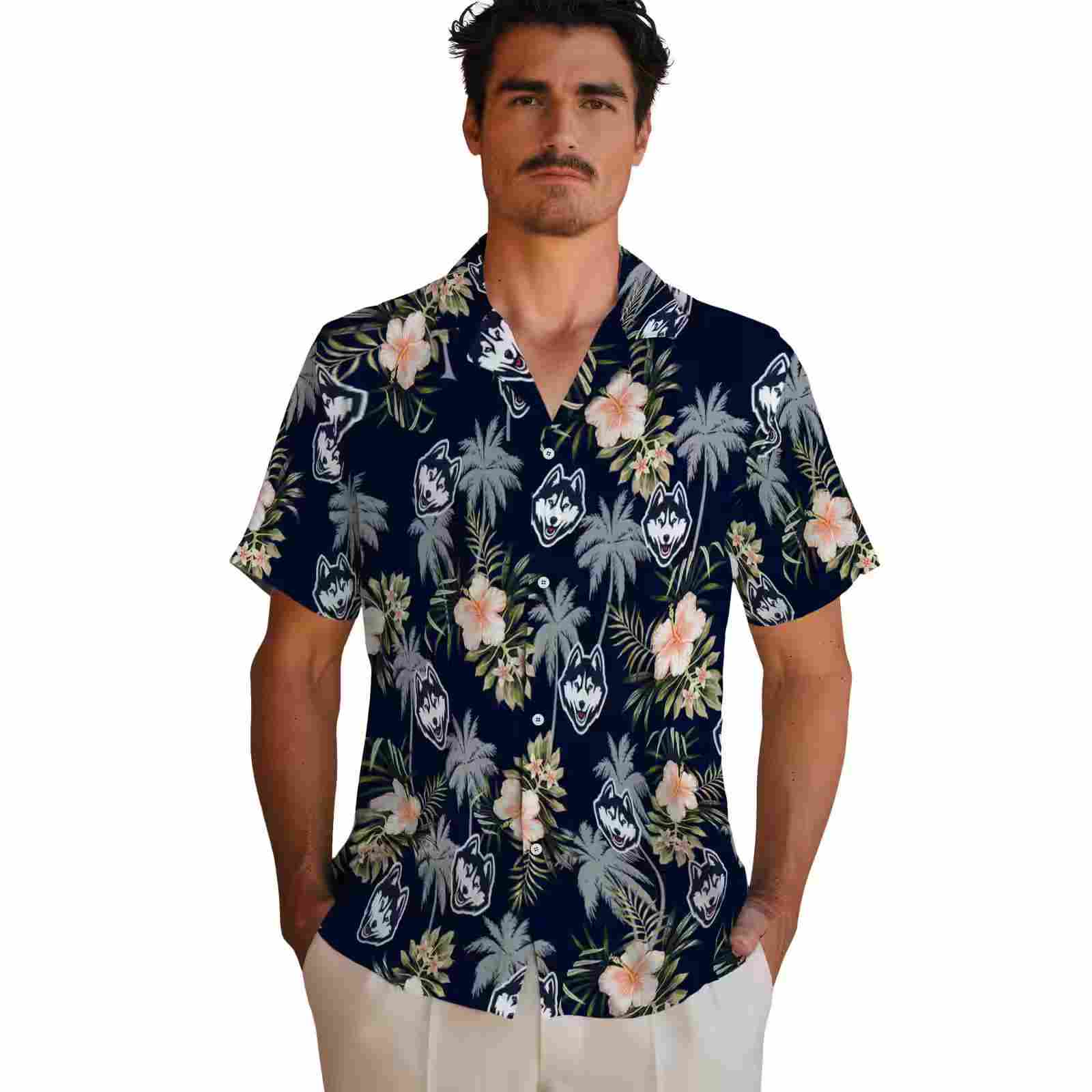 uconn huskies palm tree flower blue hawaiian shirt fashion forward