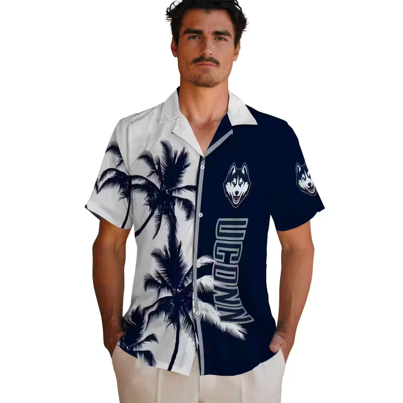 uconn huskies palm trees blue white hawaiian shirt fashion forward