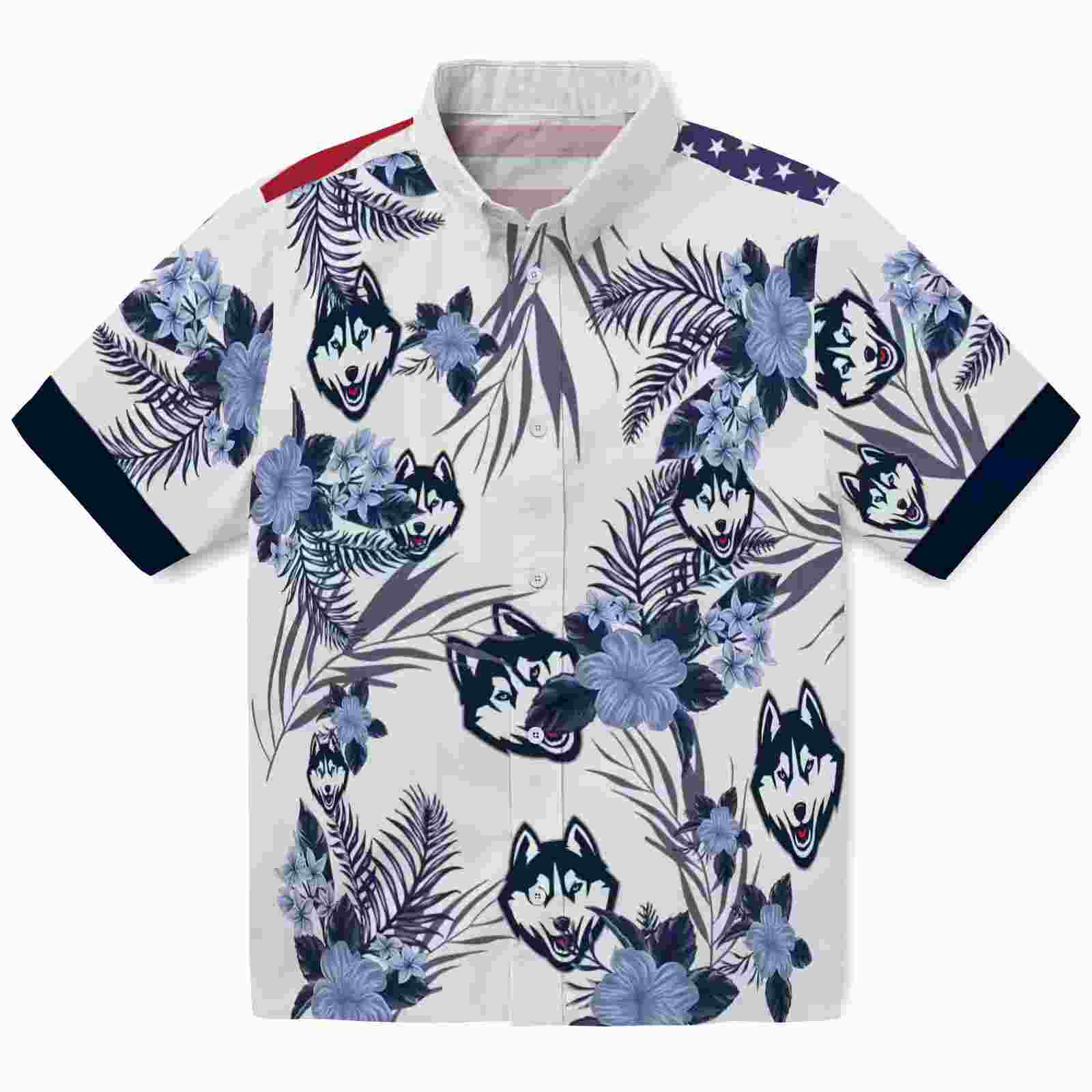 UConn Huskies Patriotic Hibiscus Design Blue White Hawaiian Shirt